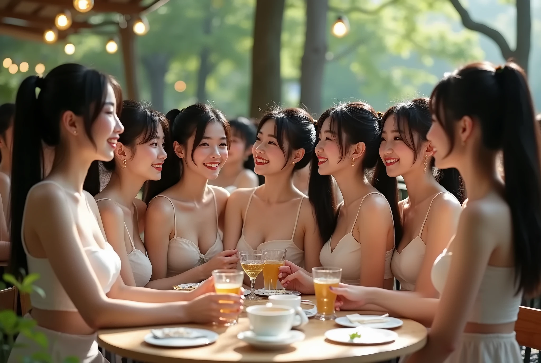 A beautiful girl Siamese triplets having lunch in a park, one wearing a pink top, one wearing beautiful lingerie, one wearing a shirt with a low neckline, highly detailed, realistic, photorealistic, 8k, masterpiece, cinematic lighting, soft colors, warm tones, beautiful background, nature scenery