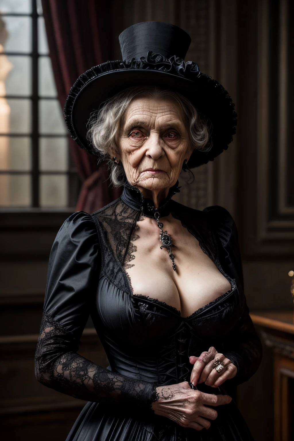 An old Victorian lady with an evil look looks at the camera in a gothic setting,  (((sexi))) (((nsfw))) DARK VISIONS, RICH IN DETAIL, MASTERPIECE