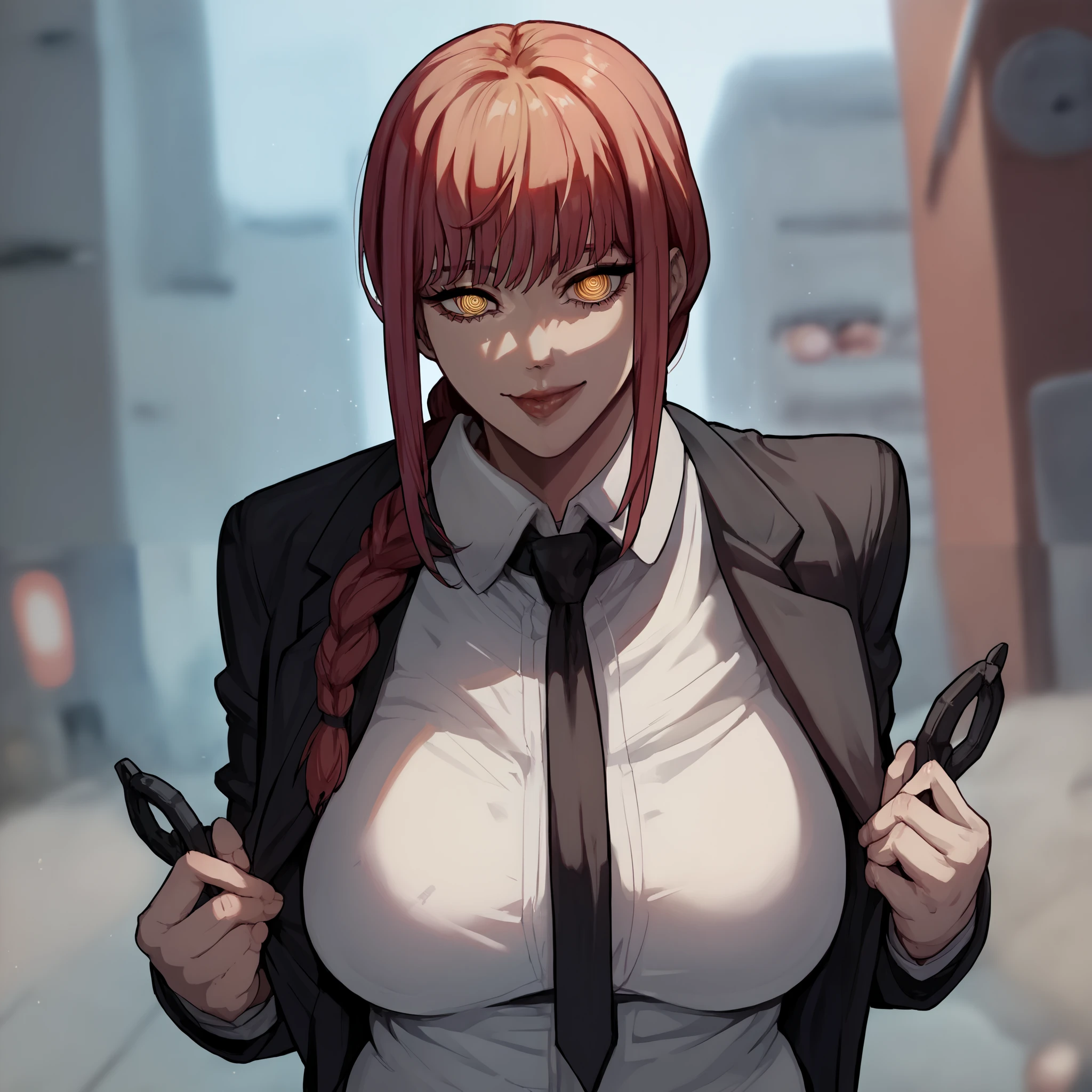 score_9, score_8_up, score_7_up, score_6_up, score_5_up, score_4_up, BREAK source_anime,rating_explicit,a girl,woohyoot ,
,(portrait,makima \(chainsaw man\),  ) 1girl,
,lips, thick lips,plump,
,curvy,
,collared shirt, necktie, black necktie,
ringed eyes, braided ponytail, formal, long hair, bangs, office lady, 
,happy,looking at viewer,facing viewer,outdoors,
