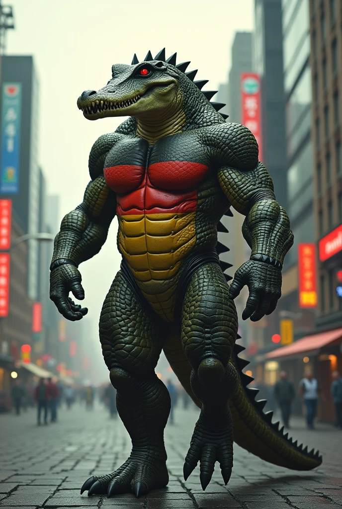 Craft an image of godzilla with (((white scales))) and (white skin) and a crocodile head. Give him wider shoulders and a muscular build.. human-sized
futuristic urban setting 
wearing  pants
A ((white-scaled)) (white dragonborn) with a muscular build and a (((crocodile head))) with red eyes and (blackened hands), ((white skin, white scales)), sharp teeth, muscular, claws, ((scaled skin)), (scaled arms), (scaled chest), (albino), wide shouldered, 1boy, (dragonborn), massive, clawed hands, black claws 
(masterpiece), 8k, Absurdres, best quality, HDR, Low ISO, masterpiece, Maximum clarity and sharpness, Hyperdetailed, photorealistic, hi res, hyperdetailed, ultrarealistic, ((cowboy shot)), ((action pose)),
maleC yberpunkAI, neon,, yofukashi background, city, cityscape, building, BikerC