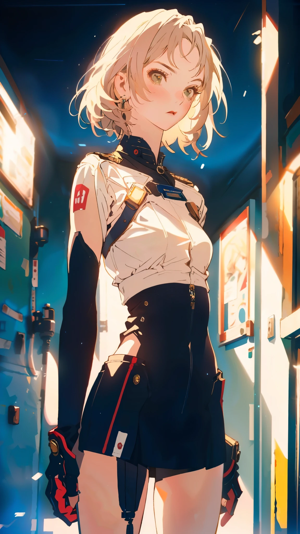 Behind it is a starry sky，Need,tmasterpiece,coiffed blonde hair,Turquoise eyes,Manteau blanc,Gaze at the stars,The upper part of the body,Hairline,Fair skin,Long twisted braids hang diagonally in front of the shoulders，Wear a summer sweatshirt，Stand on the runway，A hand hidden behind your back，The other hand is in front of him，A clear line of abs is revealed around the waist，Slim figure，ssmile，smallunderboob