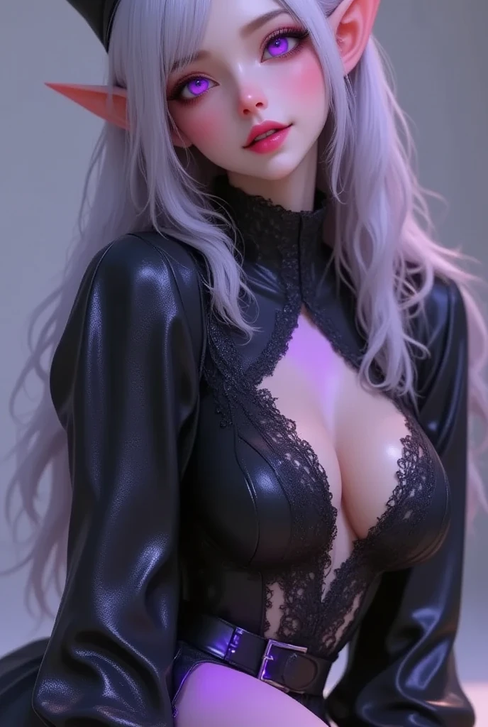 Super realistic illustration, Cinema 4D rendering, purple scene, 1 elven lady, full body, shiny skin, shiny wet skin, (black high cut leotard, black puff sleeves shirt, Black leather waist belt, Translucent black pantyhose, black stiletto heel boots, black gloves, Plain black nurse cap), (long eyelash, silver hair, eye shadow, Purple Eyes, Crazy Eyes, Half Closed eyes, grumpy expression, big breasts, wicked smile, Shiny purple lips, Shadowed face, open mouth), Seductive gestures, low angle from below