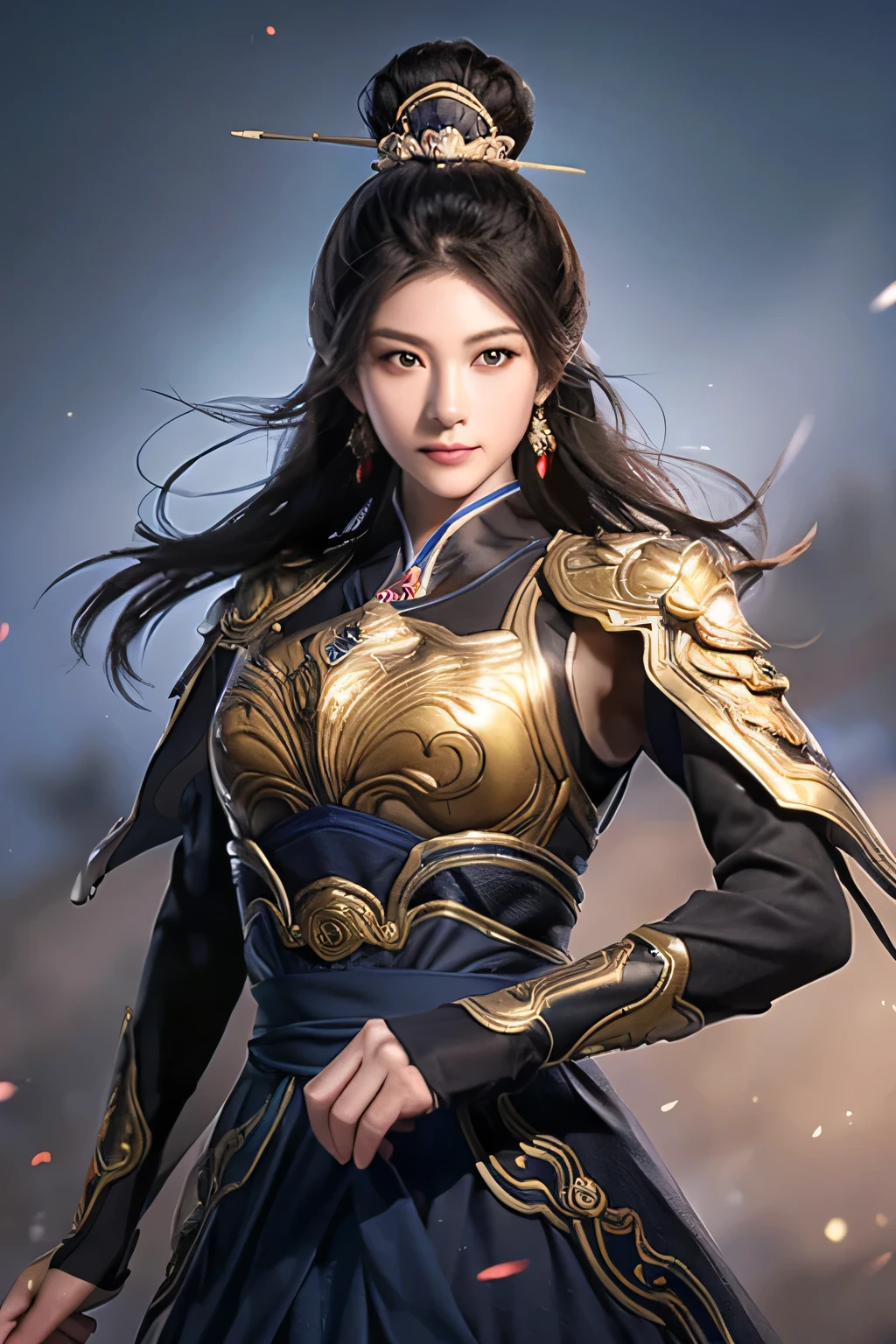 18 year old slim Chinese woman, slim middle aged woman,realistic,chinese_Armor,alone,Background of ancient chinese cities,detailed_eye,shoulder_Armor,(검은 eye),looking at viewer,(masterpiece:1.2), (best quality:1.2), perfect eye, perfect face, perfect lighting, (8K),(complete anatomy), Nee Shot