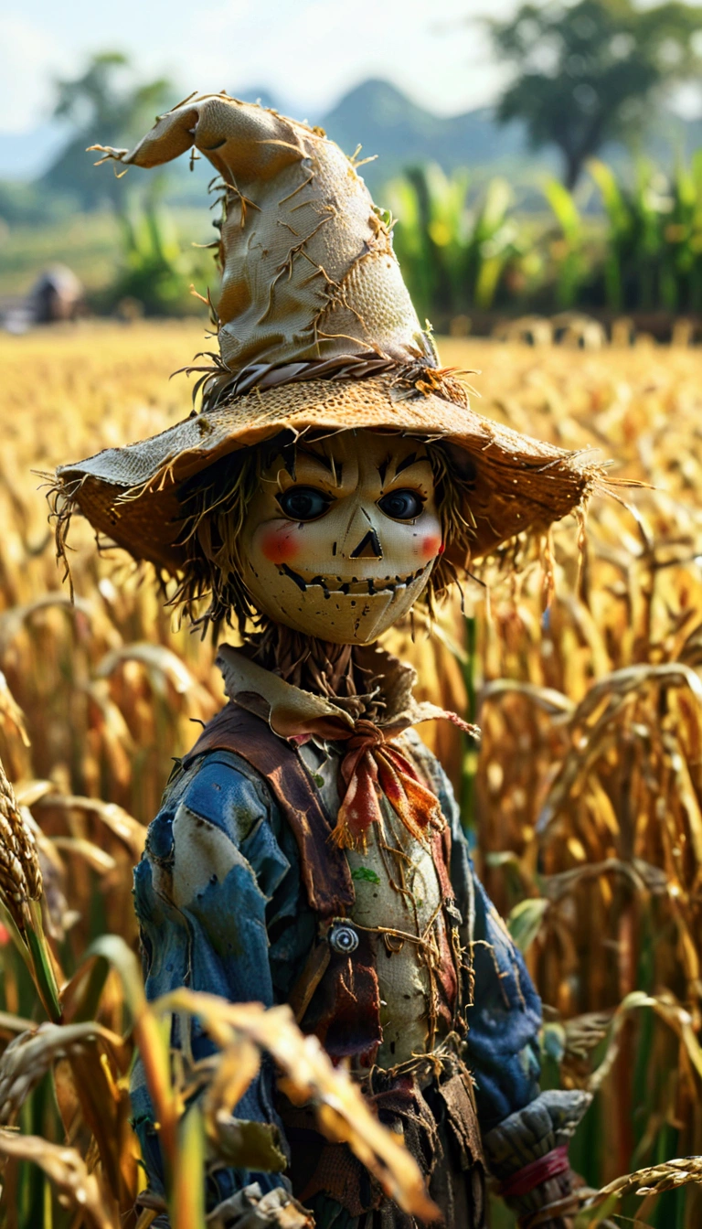masterpiece, best quality, High Details , Ultra High Definition、8k、 Semi-Realistic Style 、8bit、Diorama、(Side view)、There is a scarecrow in the middle of a rice field