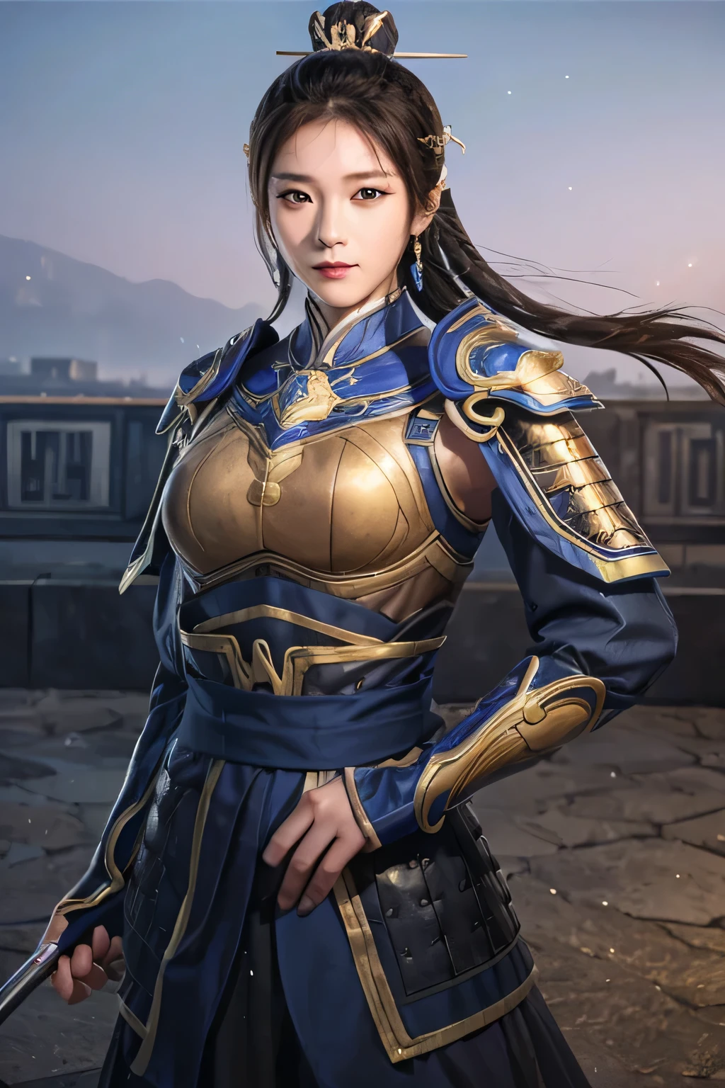 18 year old slim Chinese woman, slim middle aged woman,realistic,chinese_Armor,alone,Background of ancient chinese cities,detailed_eye,shoulder_Armor,(검은 eye),looking at viewer,(masterpiece:1.2), (best quality:1.2), perfect eye, perfect face, perfect lighting, (8K),(complete anatomy), Nee Shot