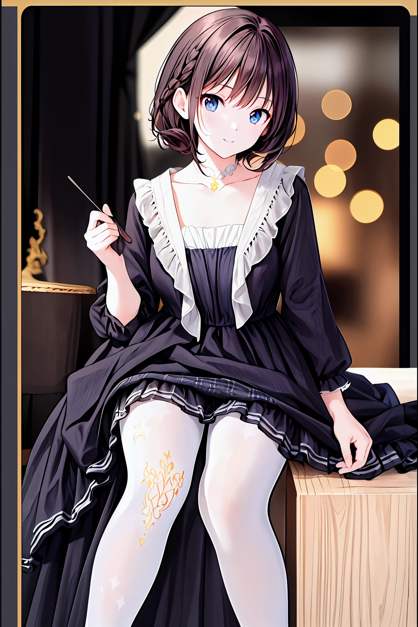 bright color , beautiful style, high quality illustrations that shrink in the air, Graceful Paintings , Illustrations detailing clothing and facial features .(( best quality)), ( several people having fun with each other while having very detailed ), (High-resolution CG synthesis 8K wallpaper), 高いly detailed, High Res Raw Color Photos, Professional photography, (((Bokeh))), written border depth,Brown Hair, shortcut, unkempt hair,Short braided hair,Neat,Slender beauty,Correct posture,Small chest,Beautiful legs, enchanting gray-blue eyes shine like stars,Droopy eyes, bright color , beautiful eyes,A delicate smile,Textured Skin, best quality best , gentle and beautiful woman , anime style、