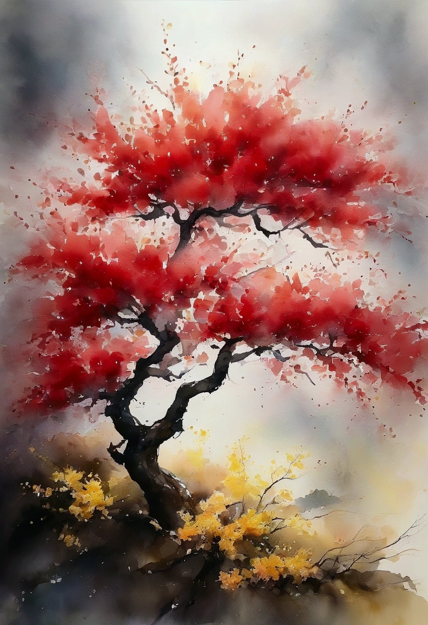 ((There are many branches with red grains:1.5))、White flowers and yellow flowers blooming all around、(Watercolor:1.2)、、 Bright Atmosphere 、Nature、 natural light、The light shines