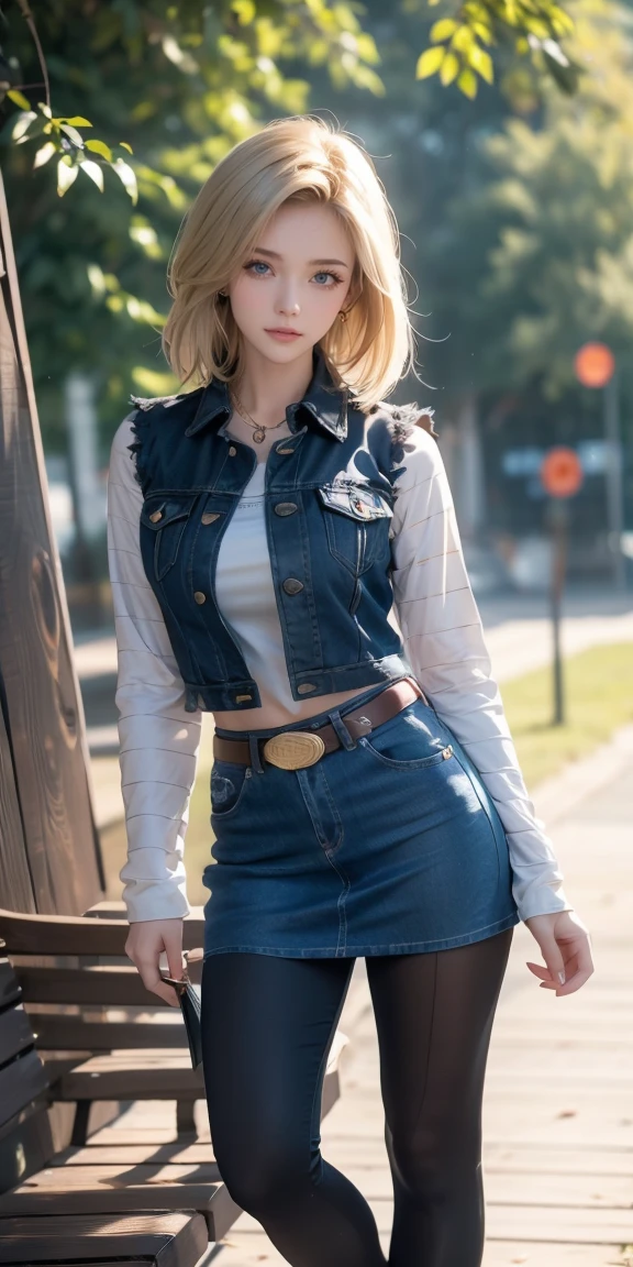 Android 18, Light Blonde hair, Medium hair shaggy cut for women, Blue Transparent eyes of Slavic Caucasians, She has sexy double eyelids above and below her eyes, The flash in the eyeballs is brilliant, Wearing round earrings, Tight Long sleeves with black stripes on a white background, Blue denim mini vest, Blue denim mini skirt, The denim skirt's zipper seam line and stitching run vertically straight to the bottom of the skirt, Open-chested denim vest, Large breasts, Women's Western Cowboy Belt, Brown see-through pantyhose, Western short boots, Looking at viewer, Her whole body is visible on the screen, She is standing in front of the bench Her entire body is visible on the screen, from her head to her boots, Slight smiling with closed lips standing next to bench , Blue sky, outside, park, grass, Summer, trees, blue sky, high quality, masterpiece,