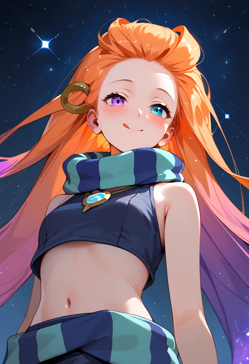 Masterpiece, best quality, Anime, 1girl, ZoeLoLXL, mature, purple eyes, (blue eye), heterochromia, orange hair, multicolored hair, gradient hair, purple hair, very long hair, forehead, small breasts, green scarf, striped scarf, bare shoulders, blue midriff, necklace, bracelet, smile, blush, cute, tongue out, portrait, close-up, looking at viewer, from below, starry background, simple background, score_9, score_8_up, score_7_up, unaestheticXL_bp5,