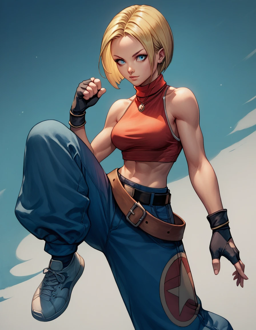  score_9,  score_8_up,  score_7_up,  score_6_up,  girl, Alone, Light and Shadow, A Space Without Borders ,  Oversized Clothes , Strange pose,  A Quiet Soundless World, bmarydg,
blonde hair, short hair, blue eyes,
sleeveless turtleneck, sleeveless, baggy pants, loose belt, crop top, blue_Pants, fingerless gloves, sneakers,