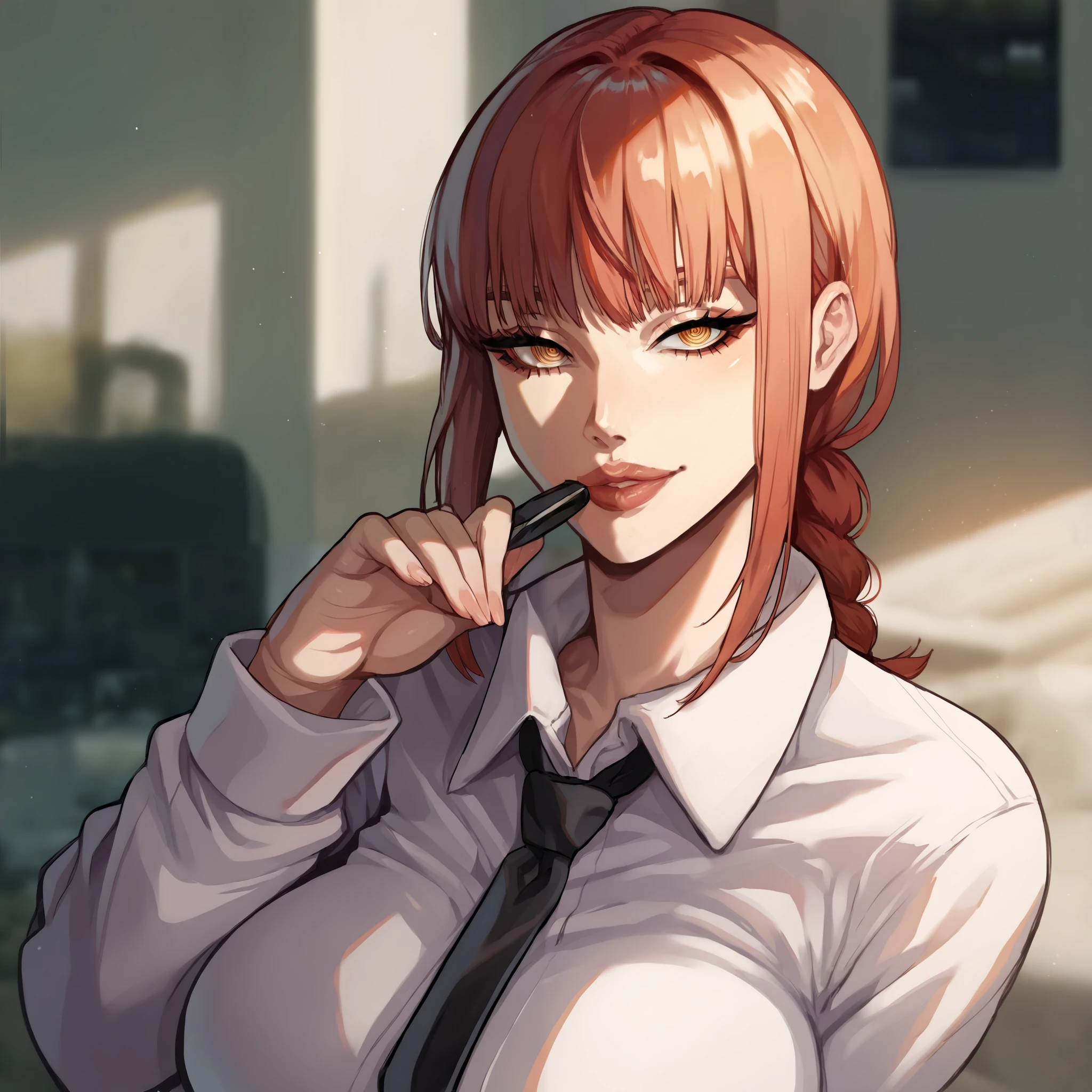 score_9, score_8_up, score_7_up, score_6_up, score_5_up, score_4_up, BREAK source_anime,rating_explicit,a girl,woohyoot ,
,(portrait,makima \(chainsaw man\),  )
,lips, thick lips,plump,
,curvy, big breasts, wide hips, thick thighs, small waist,
,collared shirt, necktie, black necktie,
ringed eyes, braided ponytail, formal,
, long hair,bangs, office lady, 
,happy,looking at viewer,facing viewer,outdoors,
