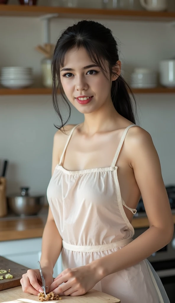 A 20-year-old woman who looks 15 but has the cute face of an idol.。Gentle and cute。Please smile kindly。((No bra and a sheer white silk camisole))、breasts are slightly larger、(((He is short and 1mAbout 50cm)))、(((Kitchen at night))、(Cinema lighting)、(Full body portrait)、((Quality indistinguishable from real life))、masterpiece、I'. RAW Photos Genuine realism Genuine Genuine life
