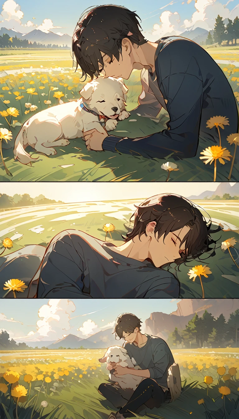 masterpiece, best quality, 8k, 4k, 1boy, , sleeping, dark blue hair with red stripes, blue long sleeve shirt, short pale brown pants with pocket, lay down on the field,  white puppy sleeping next to the boy, siberian white puppy, white dandelions fields, dandelions Taraxacum erythrosperm, wind blowing, sleeping on the fields, finely detailed eyes and detailed face, inspired by Asukaziye artist : ask, art style : ask