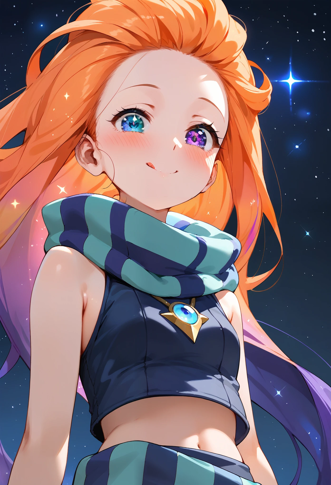 Masterpiece, best quality, Anime, 1girl, ZoeLoLXL, mature, purple eyes, (blue eye), heterochromia, orange hair, multicolored hair, gradient hair, purple hair, very long hair, forehead, small breasts, green scarf, striped scarf, bare shoulders, blue midriff, necklace, bracelet, smile, blush, cute, tongue out, portrait, close-up, looking at viewer, from below, starry background, simple background, score_9, score_8_up, score_7_up, unaestheticXL_bp5,