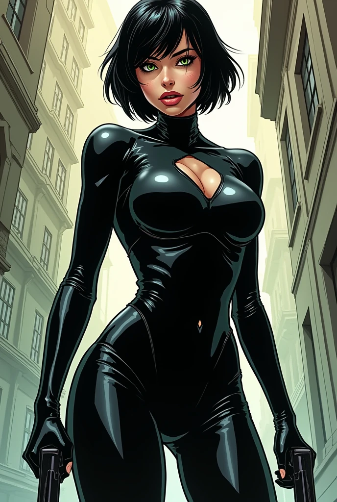 (((A comic book-style, cartoon art))) image of Catwoman, with her as the central figure. She is standing with her hands on her hips, looking straight ahead with determination. She wears a black costume, with cat ears and a mask, hot body, sesual, sexy. She has short, straight dark hair, green eyes and red lips. She is surrounded by a night city, with lights and shadows. She has a mysterious and seductive expression, as if she is ready to act.