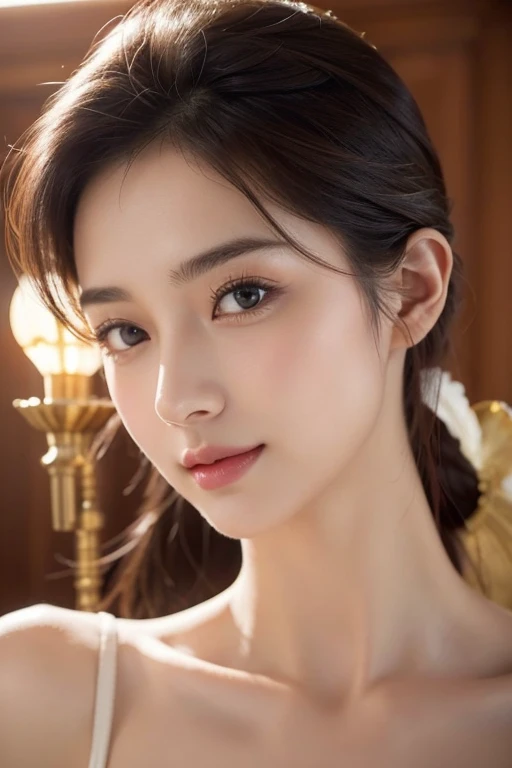 (超High resolution, masterpiece, Anatomically correct, Textured skin, Super Detail, Highest quality, High resolution, 8k, bloom, Front light:1.2, Perfect dynamic composition), (28 years old, 1 person, Cute Married Woman, Sexy Face, Long face, Distant eyes, Gentle eyelids, Thin eyebrows, Gentle corner of the eye, Hawk-like nose:1.4, It will totally charm you, Eyes that feel erotic, A taste of beautiful eroticism, Too cute beauty), break, Absurd, One person'Perspective, ((White camisole)), (Captivating smile:0.8), (View your viewers), (Long Hair, Inward curls, bangs, Smooth Hair), (Beige hair:1.2), (Chest close-up: 1.3), ((Very close relationship:1.4)), Mid-chest, ((Place your hands on the table:1.2, Facing each other across the table:1.2)), ((Living room at home)), (Shooting from above:1.2), Keiko Kitagawa