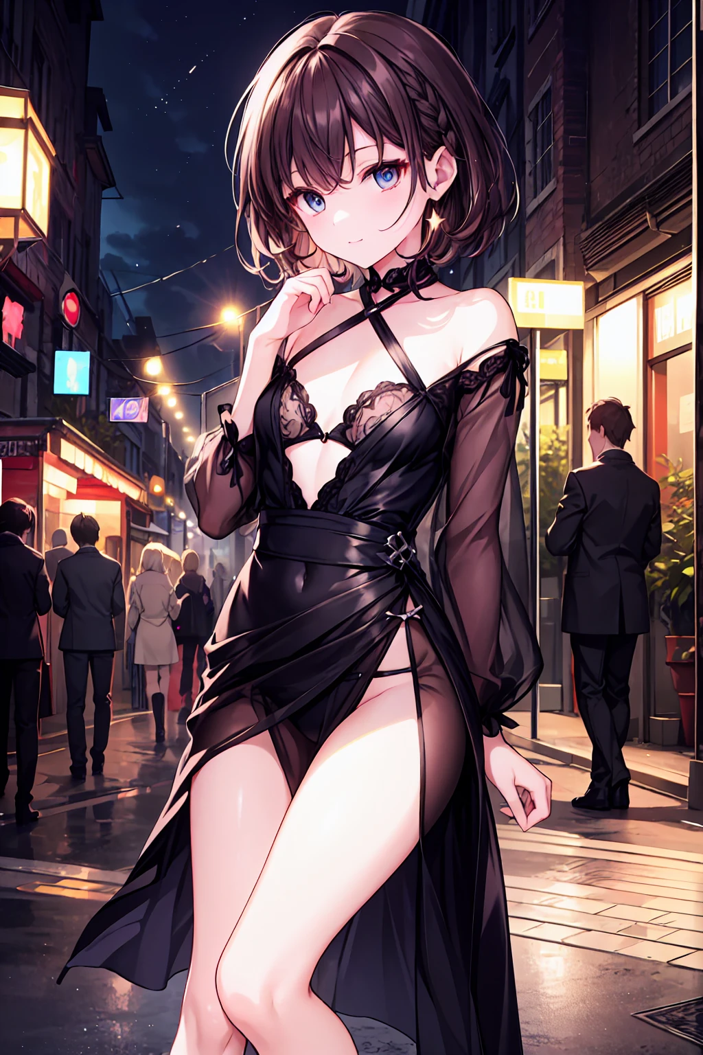 NSFW,natsuiro matsuri,One Side Ponytail,High quality mini dress,Black high quality lingerie,Floral,See-through,Night Alley,narrow road,(Perfect hands),(Perfect Anatomy),(masterpiece),(highest quality)