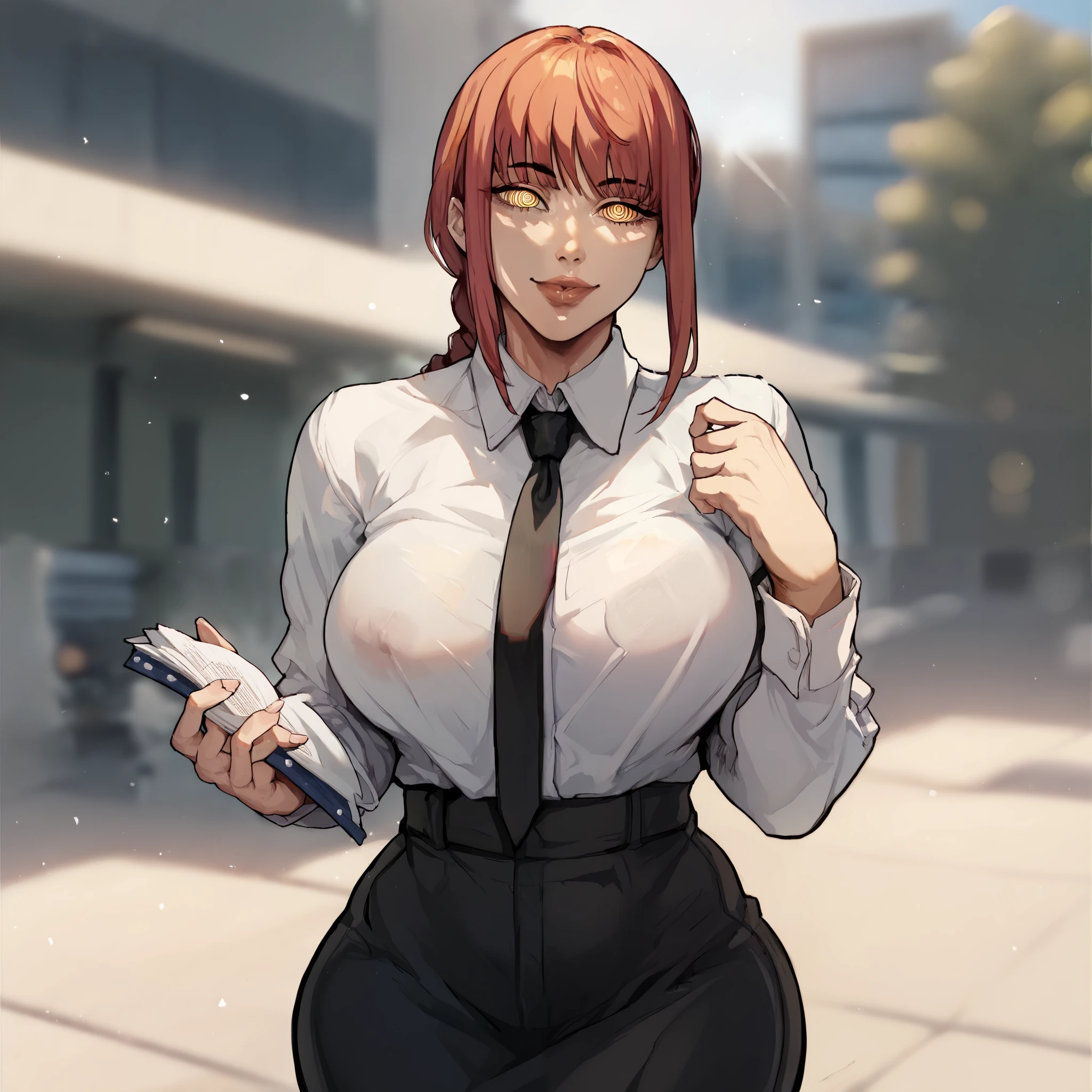 score_9, score_8_up, score_7_up, score_6_up, score_5_up, score_4_up, BREAK source_anime,rating_explicit,a girl,woohyoot ,
,(portrait,makima \(chainsaw man\),  ) 1girl,
,lips, thick lips,plump,
,curvy, big breasts, wide hips, thick thighs, small waist,
,collared shirt, necktie, black necktie,
ringed eyes, braided ponytail, formal, long hair, bangs, office lady, 
,happy,looking at viewer,facing viewer,outdoors, modest clothing,
