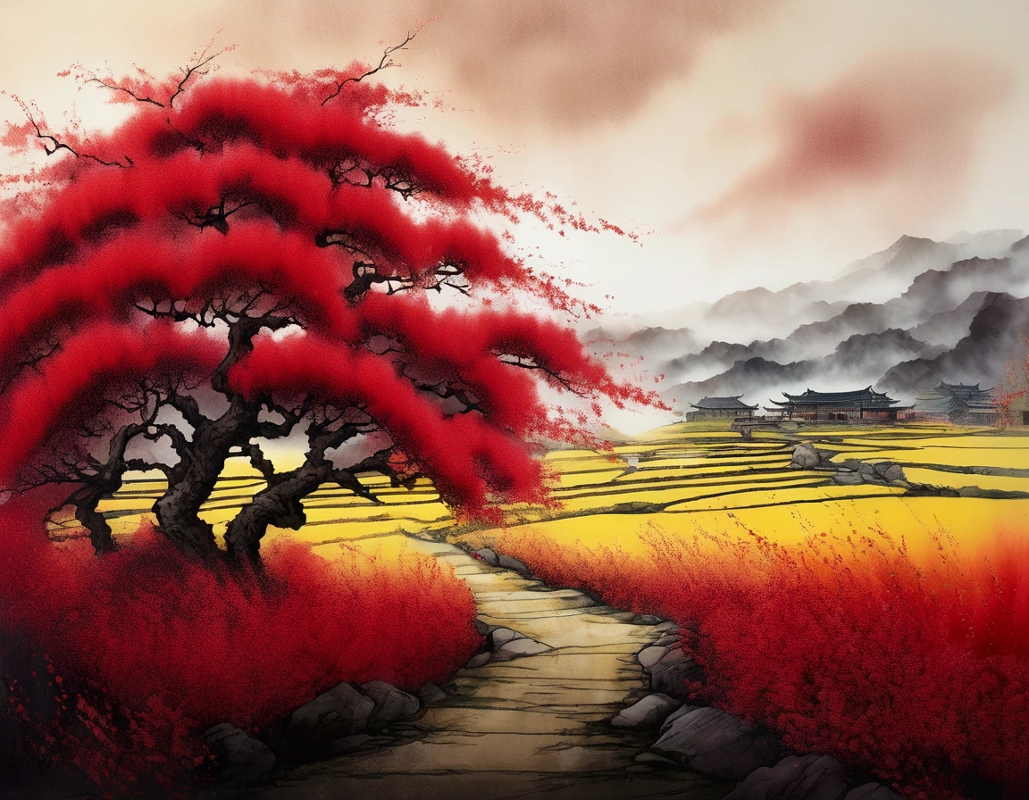 (((Branches with lots of red grains :1.5)))、 Fields with beautiful yellow flowers  ( Closeup of Cleveland), meditation, Zen, meditation的な ( Chinese landscape painting ), ( ink and watercolor), (8k wallpaper), (Light and Dark Effects),  octane rendering ,  White Balance Design, Extremely detailed image representation, Wide angle,  depth of field, masterpiece, Realistic, Beautifully illustrated ,  Details, Accurate, masterpiece, masterpiece”