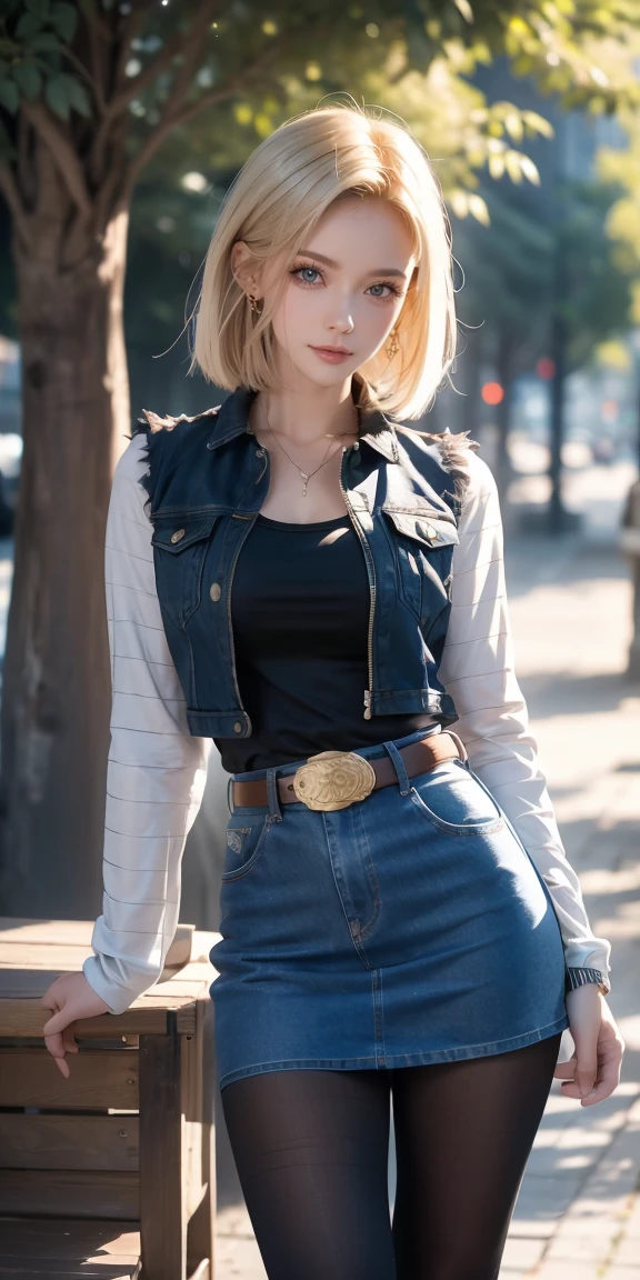 Android 18, Light Blonde hair, Medium hair shaggy cut for women, Blue Transparent eyes of Slavic Caucasians, She has sexy double eyelids above and below her eyes, The flash in the eyeballs is brilliant, Wearing round earrings, Tight Long sleeves with black stripes on a white background, Blue denim mini vest, Blue denim mini skirt, The denim skirt's zipper seam line and stitching run vertically straight to the bottom of the skirt, Open-chested denim vest, Large breasts, Women's Western Cowboy Belt, Brown see-through pantyhose, Western short boots, Looking at viewer, Her whole body is visible on the screen, She is standing in front of the bench Her entire body is visible on the screen, from her head to her boots, Slight smiling with closed lips standing next to bench , Blue sky, outside, park, grass, Summer, trees, blue sky, high quality, masterpiece,