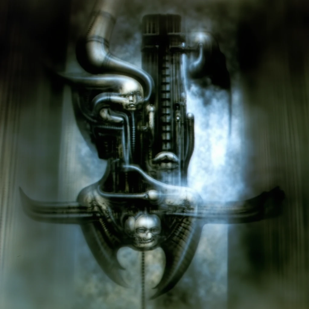 H. R. Giger's g1g3r, , Giger_style, The image is a detailed view of H.R. Giger's \" for Judith \" plate, featuring (  The image is a painting of a futuristic cityscape with a mix of architectural and fantastical elements. By Giger in gigeresque style  ) H R GIGER's biomechanical is a digital artwork featuring  vertical city set against a backdrop of intricate mechanical pipes and wires.. with a glowing light source, dence cloudy mist, strokes of steam. (A haunting and surreal image inspired by the work of H.R. Giger. The artwork depicts a biomechanical , with intricate tubes and pipes snaking along the walls.  The image features a close-up of a mechanical object with a complex, intricate design, resembling a futuristic machine or robot, made of  burned bone and ivory, fossils,set against a blurred background, adding to the sense of unease and mystery. The overall atmosphere is one of darkness, decay, and the unsettling nature of the unknown, best quality:1.4) The artistic manner would be unmistakably Gigeresque. A dark and unsettling beauty would permeate the piece, blurring the lines between fascination and repulsion , forever haunted by the grotesque allure. Giger's signature artistic manner would be evident in every stroke. The artist has used careful linework to depict the contours and textures in the piece, (Triadic:1.1), (Proportion:1.1),  , (Reflected light:1.2), Parchment, ultra detailed, intricate,, dry b (best quality:1.4), H.R. GIGER,  BY GIGER