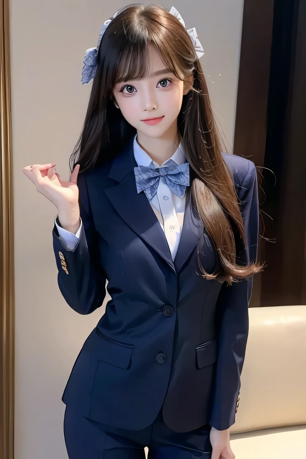 (Very beautiful  cute girl), (very  cute face:1.2),, (sparking crystal clear attractive large eyes), Beautiful detailed eyes, Detailed double eyelids, (smiling), (realistic photograph:1.1), long straight hair,dark blue blazer high-school uniform,red neck bow tie