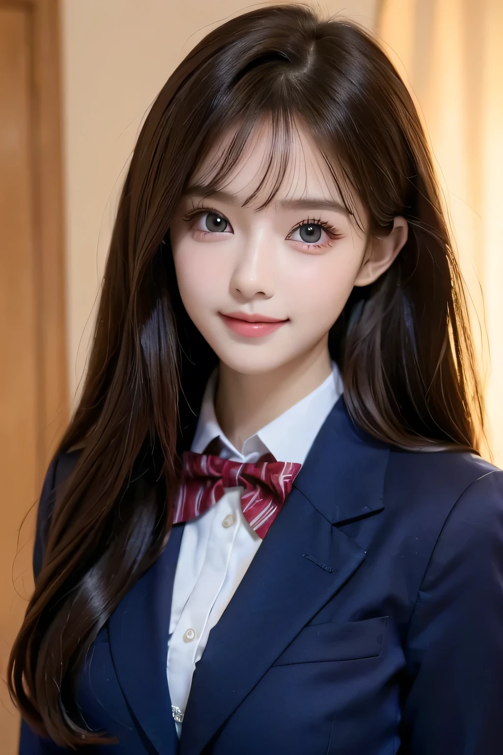 (Very beautiful  cute girl), (very  cute face:1.2),, (sparking crystal clear attractive large eyes), Beautiful detailed eyes, Detailed double eyelids, (smiling), (realistic photograph:1.1), long straight hair,dark blue blazer high-school uniform,red neck bow tie