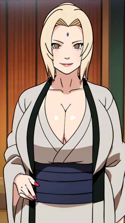 Tsunade senju,Saggy big breast,Aging,Wrinkle in face,Cleavage,Pearl earring,naruto Pendant,Wedding ring,Green sleeve kimono with cleavage,Curvy figure,Brown eyes,((Colorless lip)),Visible nape,Smug,Seductive smile,light blush,Detailed eyes,Long sleeve,hime cut bang hair,Uzumaki clan symbol,1girl,Solo,Long nail,Eyeshadow,Symetrical eye,Blond hair,Hair behind ear,Updo low bun hair