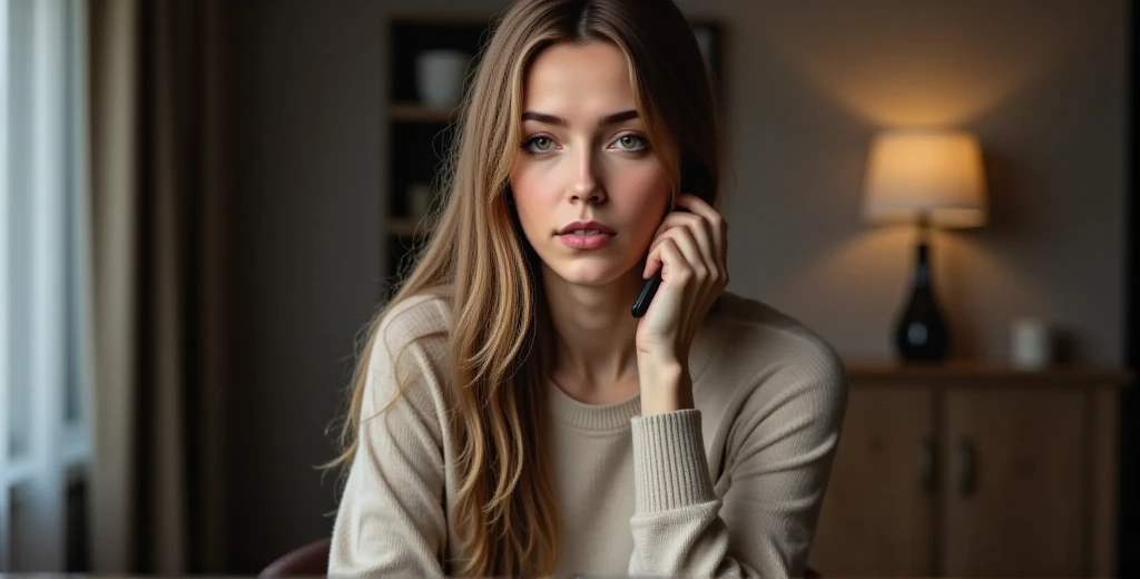 In a dimly lit kitchen, Gaia sits alone at a wooden table, her long brown hair with golden blonde highlights cascading over her shoulders. She holds a phone to her ear, listening to her mother’s voice on the other end. Her hazel eyes are glazed over, her expression empty and drained, as if she’s barely absorbing the words being spoken to her. Dressed in a simple, cozy sweater, she appears tired and emotionally exhausted.
In front of her, a plate of food sits untouched, the meal now cold and unappetizing. Gaia stares at it with a look of quiet disgust, her fingers idly toying with a fork, but she makes no move to eat. The kitchen around her is softly lit by a single overhead lamp, casting long shadows that add to the heavy, melancholic atmosphere. The room is neat but feels lifeless, amplifying the sense of isolation.
The scene captures Gaia in a moment of silent despair, her body language slumped and defeated, highlighting the disconnect between her and the comforting voice on the other end of the line. It’s a poignant portrayal of someone feeling utterly alone, even while reaching out to a loved one., Nexia
 ((anti))