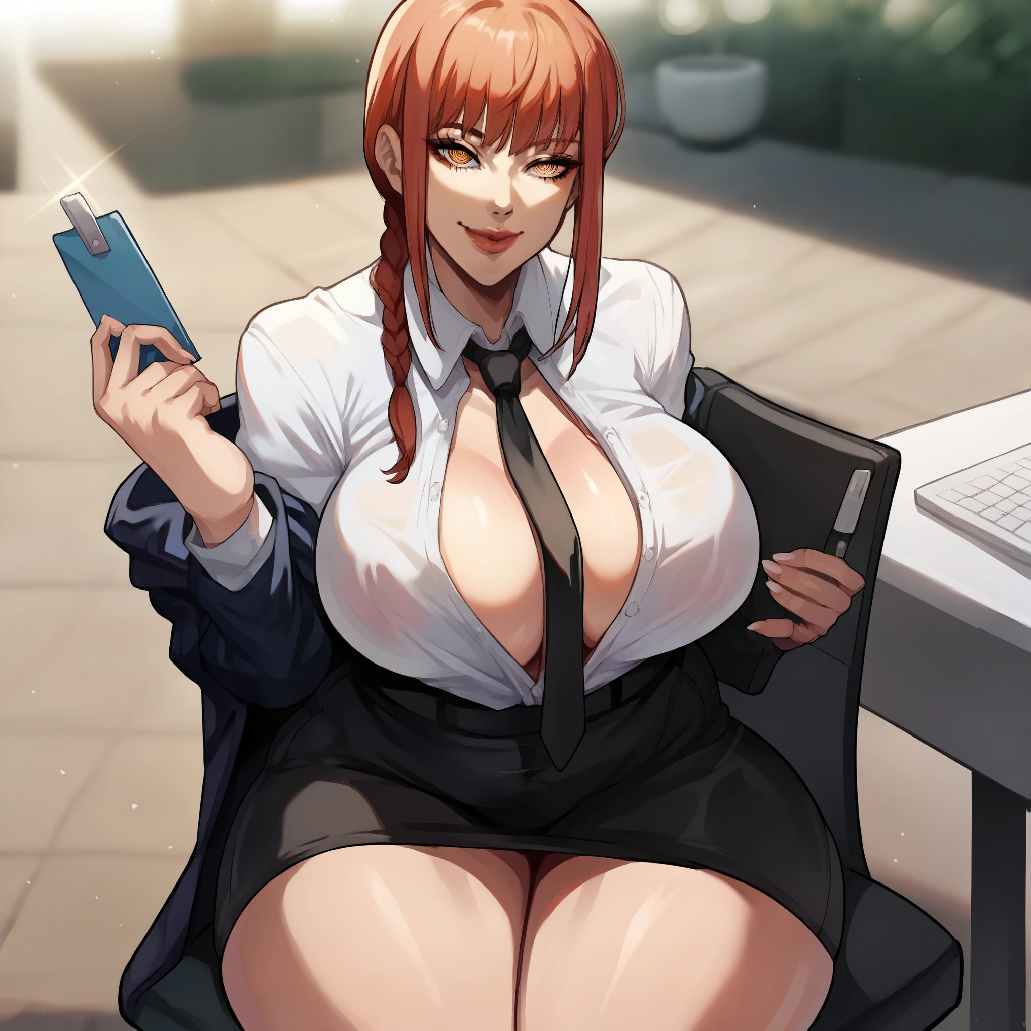 score_9, score_8_up, score_7_up, score_6_up, score_5_up, score_4_up, BREAK source_anime,rating_explicit,a girl,woohyoot ,
,(portrait,makima \(chainsaw man\),  )
,lips, thick lips,plump,
,curvy, big breasts, wide hips, thick thighs, small waist,
,collared shirt, necktie, black necktie,
ringed eyes, braided ponytail, formal,
, long hair,bangs, office lady, 
,happy,looking at viewer,facing viewer,outdoors,
