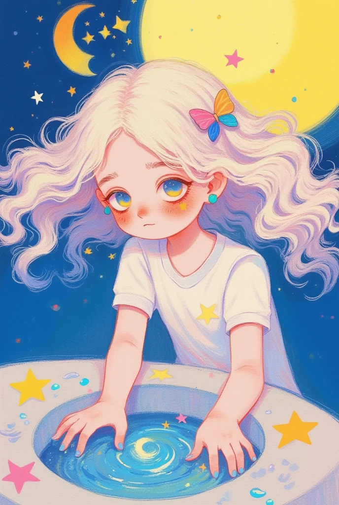 (masterpiece,  Best Quality :1.2),  colored pencil drawing, sketch,   Dream illustration  ,1 Girl，Catch tears with your hands，moon，Meteor Shower。软萌动漫插画, Lowe style, Fantasy art style,  blurred and dreamy illustration