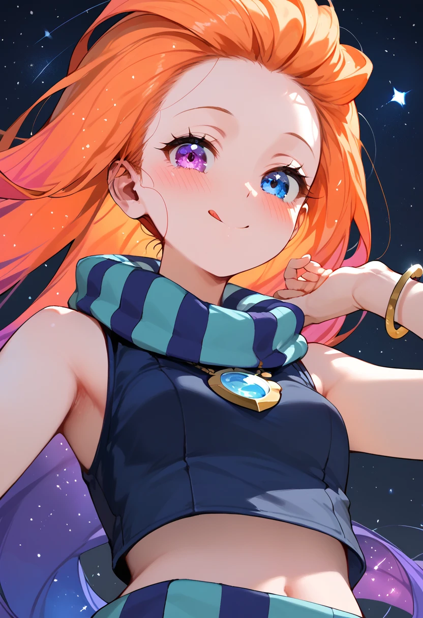 Masterpiece, best quality, Anime, 1girl, ZoeLoLXL, mature, purple eyes, (blue eye), heterochromia, orange hair, multicolored hair, gradient hair, purple hair, very long hair, forehead, small breasts, green scarf, striped scarf, bare shoulders, blue midriff, necklace, bracelet, smile, blush, cute, tongue out, portrait, close-up, looking at viewer, from below, starry background, simple background, score_9, score_8_up, score_7_up, unaestheticXL_bp5,