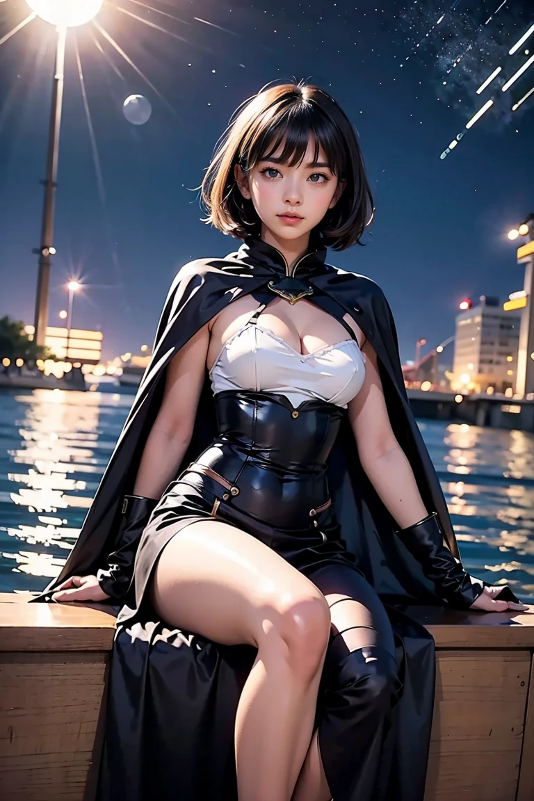 masterpiece, best quality, detailed, 1girl, solo, night sky, outdoors, full moon, stars, clouds, night,, dark sakura, (black dress), long hair, evil smile, red ribbon, striped, thighs