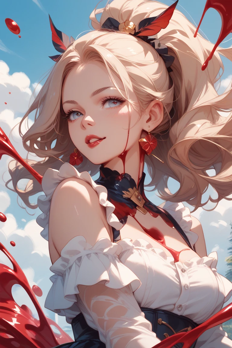 anime girl with white hair gathered in two pigtails, wearing white hearts and a red bowtie, windswept, rule of thirds, seductive look, anime, photorealistic, highly detailed, sharp focus, art by artgerm, wlop, rossdraws, frank frazetta, andrei riabovitchev, trending on artstation, hd, 4 k, fantasy