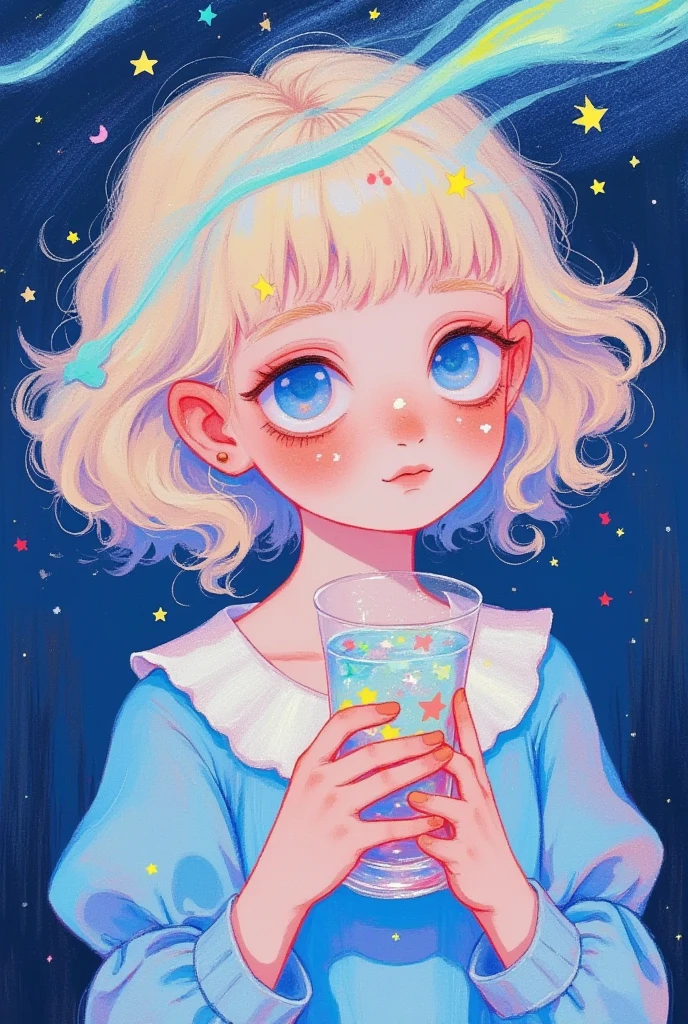 (masterpiece,  Best Quality :1.2),  colored pencil drawing, sketch,   Dream illustration  ,1 Girl，cry，Holding a glass full of stars in his hand，moon，Meteor Shower。软萌动漫插画, Lowe style, Fantasy art style,  blurred and dreamy illustration