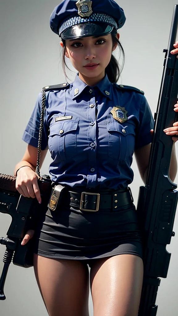 An innocent 20-year-old girl、((Police Girl, Sexy police uniform, skirt, Cute and elegant, Dramatic Pose)),nightの街の背景,Shortcuts、RAW Photos, (8k、Highest quality、masterpiece:1.2)、((Shiny skin 1.5)),(Intricate details:1.4)、(Realistic:1.4)、Octane Rendering、Complex 3D rendering with ultra-detail, Studio Soft Light, Rim Light, Standing posture,Sharp details, Super Detail, detailed aspects, Beautiful details in the eyes, Highly detailed CG Unity 16k wallpaper, Compensate, (Detailed Background:1.2), Glowing Skin, whole body,Hands down、Spread your legs, Black Hair, Sexy police officer in uniform, night, Facial details, from the front, Ready your gun?, refer