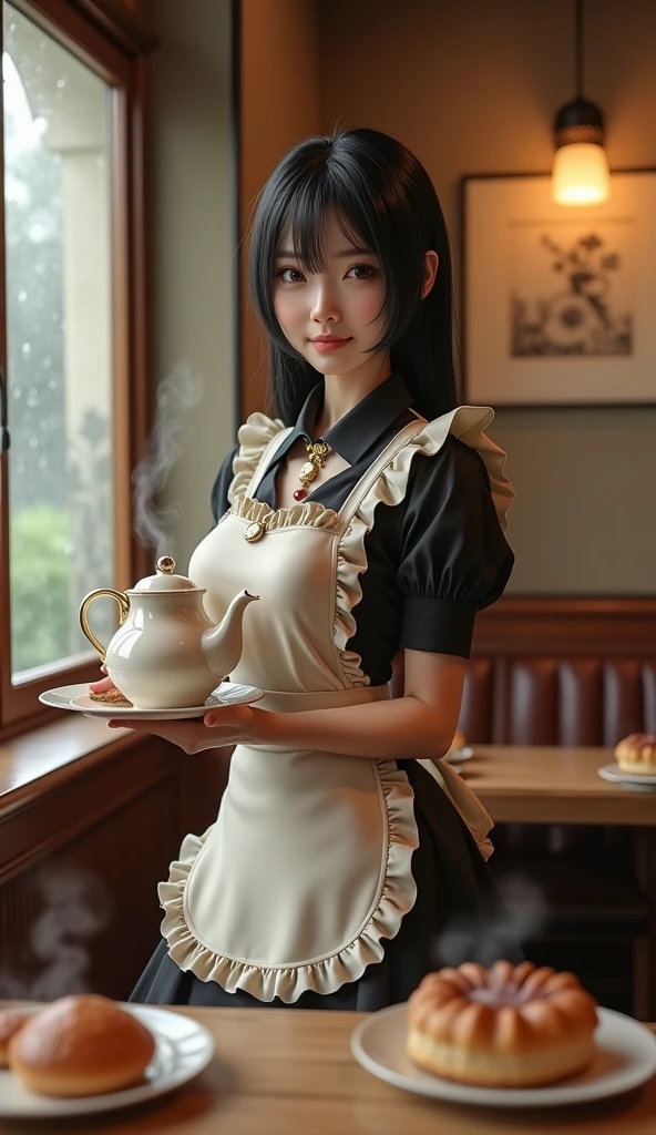 big , Perfect , masterpiece, highest quality, RAW photo, (Highly detailed CG Unity 8K wallpaper, super detailed digital art), nostalgic atmosphere, elegant Japanese mature female, 50 years old, well-defined wrinkles around the eyes, cheerful smile, contrapposto pose, long straight black hair, (), slight peeking from (mini maid apron:1.2), delivering a steaming teapot and cakes to vintage café tables, antique furniture, warm golden light, soft rain outside blurred windows, customers enjoying pastries, dreamy and timeless scen