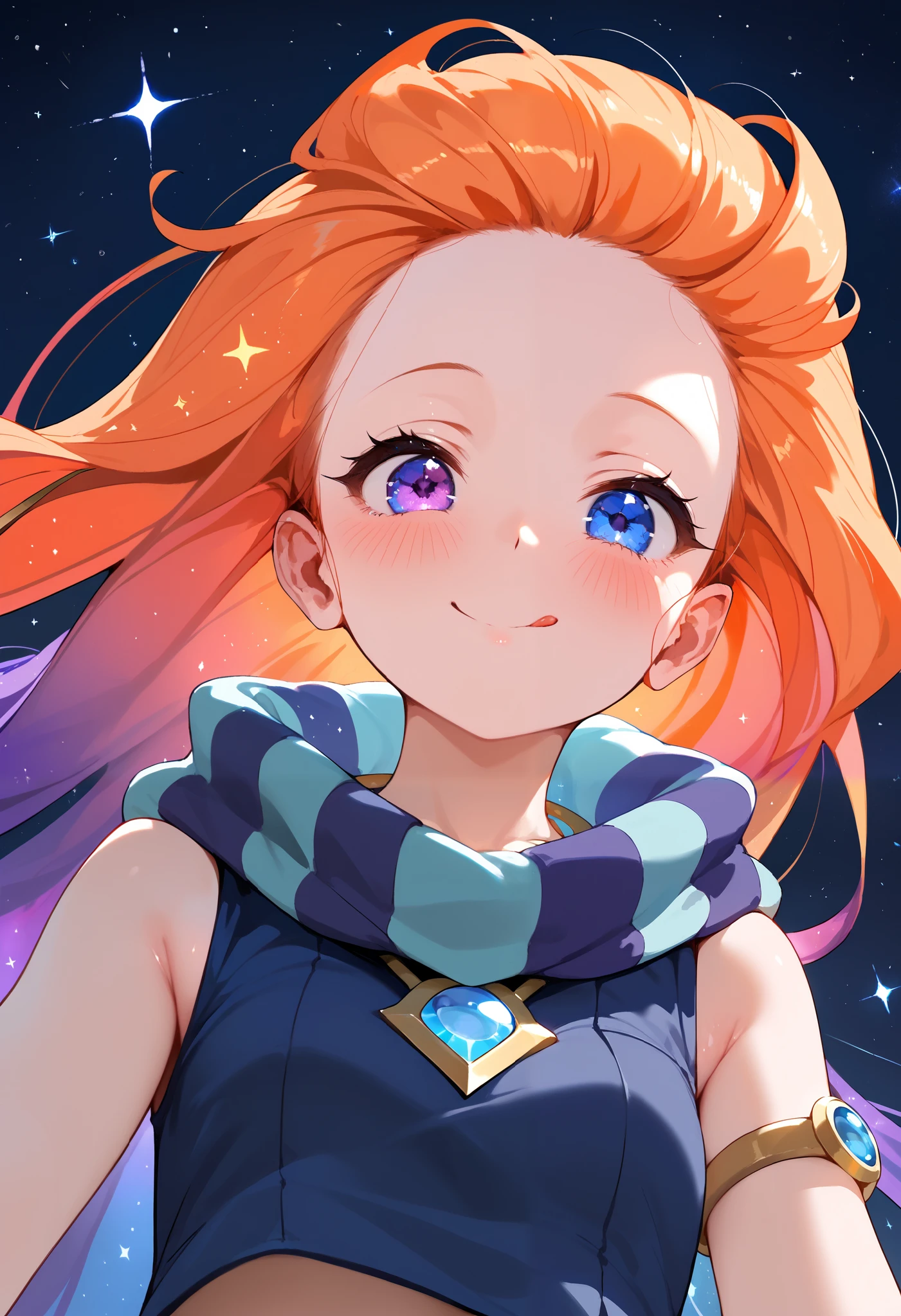 Masterpiece, best quality, Anime, 1girl, ZoeLoLXL, mature, purple eyes, (blue eye), heterochromia, orange hair, multicolored hair, gradient hair, purple hair, very long hair, forehead, small breasts, green scarf, striped scarf, bare shoulders, blue midriff, necklace, bracelet, smile, blush, cute, tongue out, portrait, close-up, looking at viewer, from below, starry background, simple background, score_9, score_8_up, score_7_up, unaestheticXL_bp5,