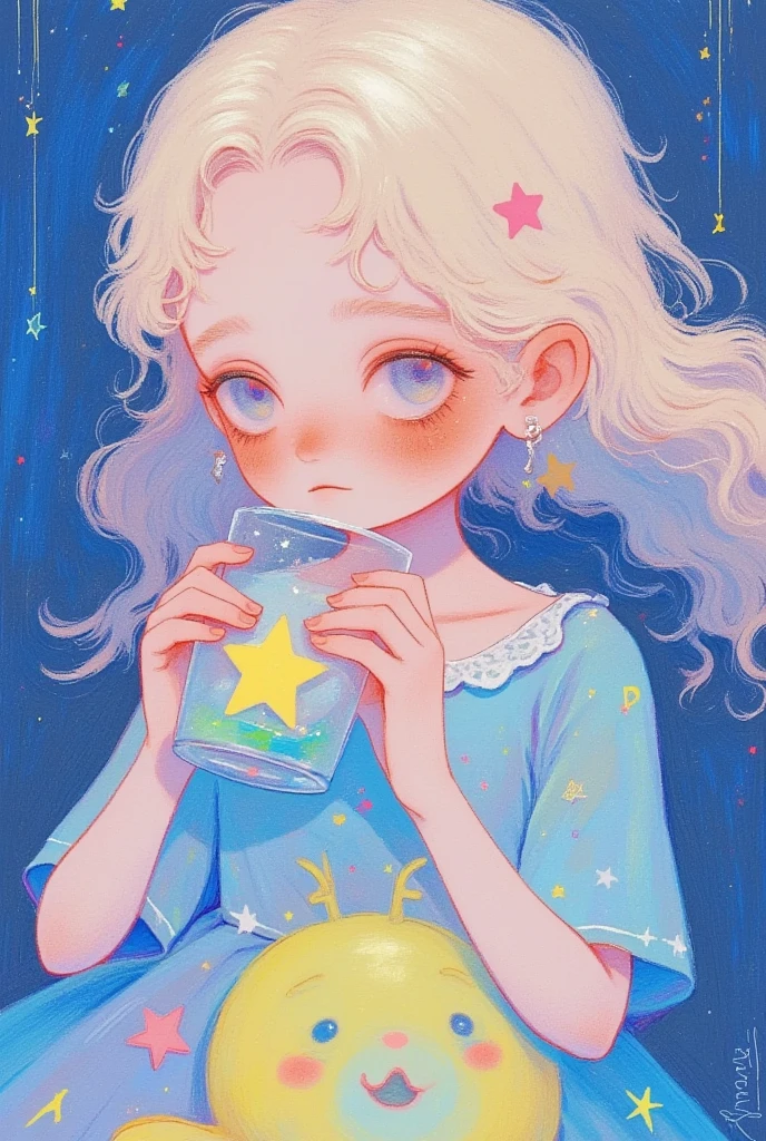 (masterpiece,  Best Quality :1.2),  colored pencil drawing, sketch,   Dream illustration  ,1 Girl，cry，Holding a glass full of stars in his hand，moon，Meteor Shower。软萌动漫插画, Lowe style, Fantasy art style, blurred and 梦幻插图