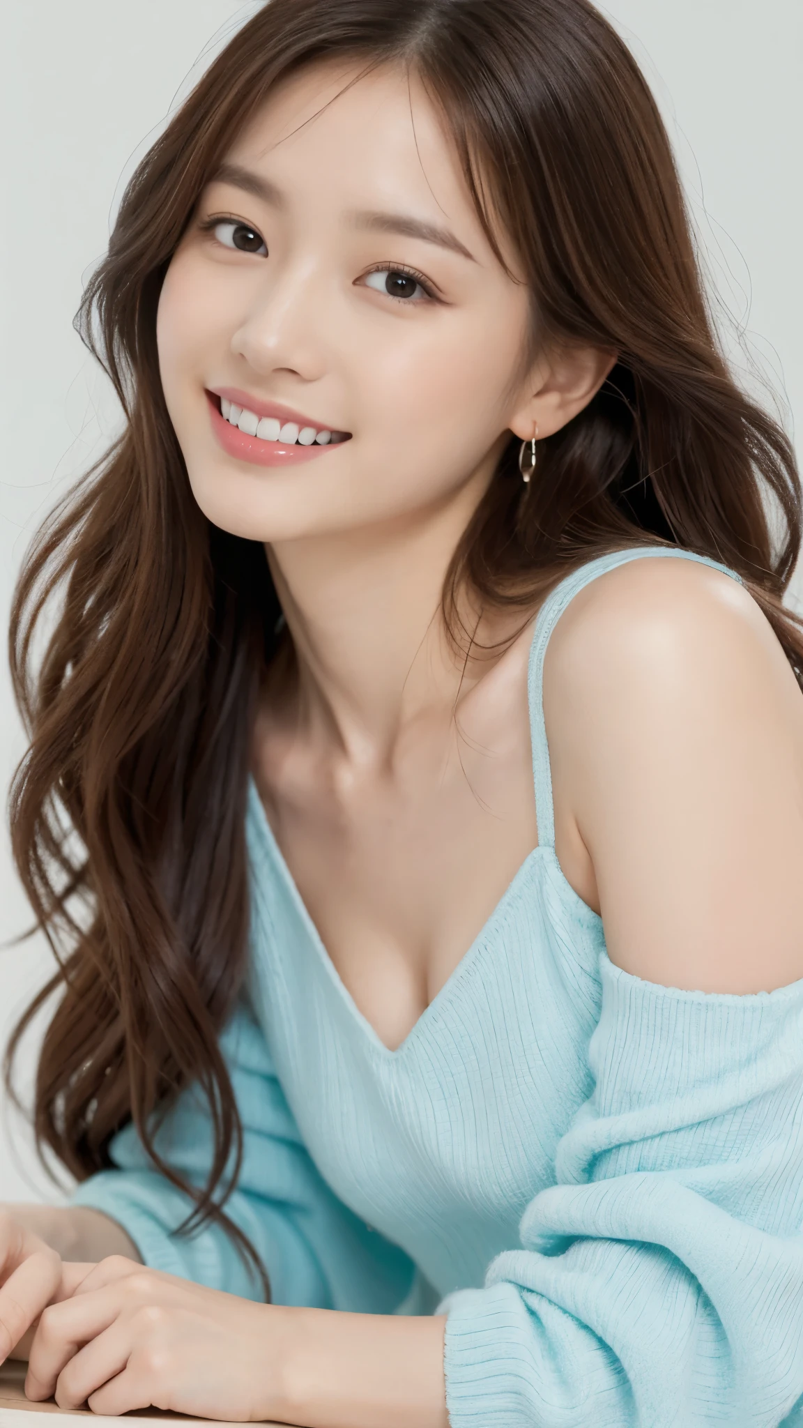 highest quality,8K, Detailed facial depiction, Detailed description of the eyes, brown hair(long wavy hair),beautiful korean girl, 21 years old, taking off underwear, Bear Breast, Because I'm slender, medium chest size, sit with legs apart, smile, Colorful earrings, necklace,
information