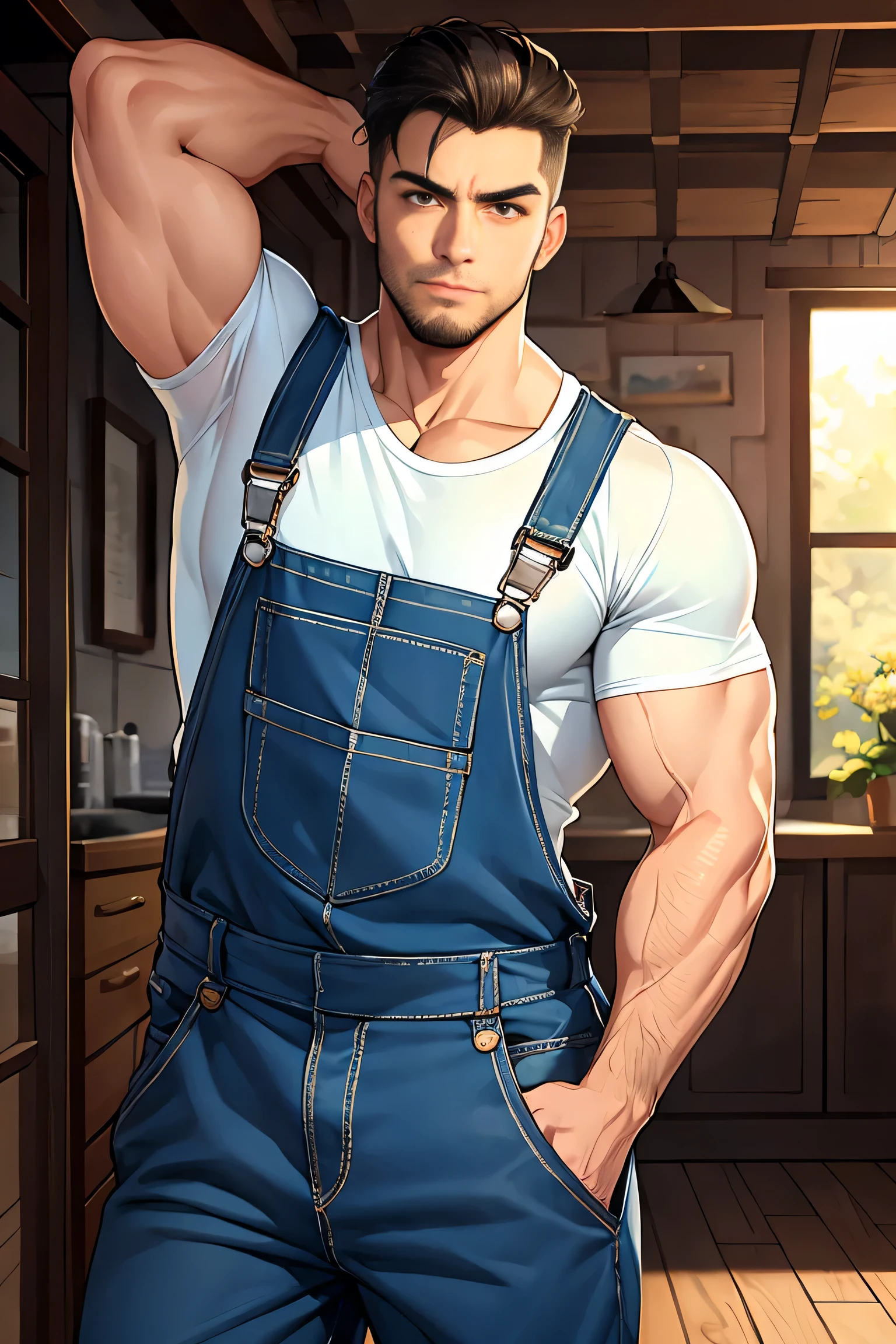 best quality, masterpiece, handsome man, muscular bodybuilder, construction worker gear, tight clothes, penis outline, construction site, perfect fingers, sexy, gay, homoerotic, no watermark, no logo, no signature