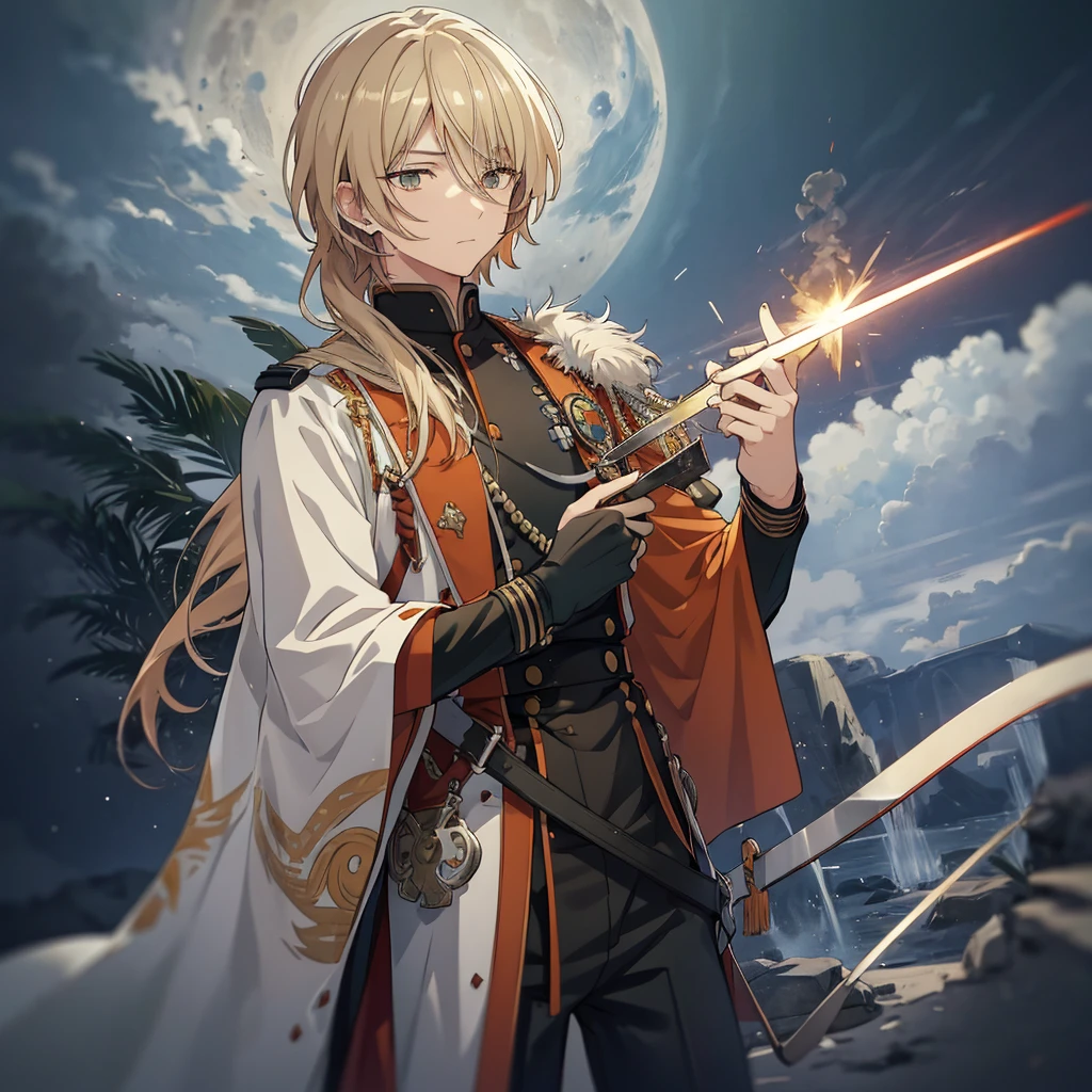  orange military uniform  ,    long brand hair,   straight hair,  long bangs  , Narrow green eyes ,  Official Art、  best quality、  Unity 8K Wallpaper 、32K、masterpiece、Super detailed, Male nose, Male Eyes  , Male outline  ,   male skeleton  , carrying a large red sword , Light and Smoke Background , Moonlight, 