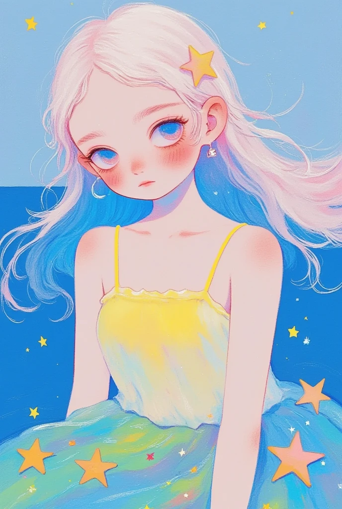 (masterpiece,  is the best quality:1.2),  colored pencil drawing, sketch,    dream illustration soft cute anime illustration, Lowe style, Fantasy art style,  blurred and dreamy illustration。Splash the stars into the sea 