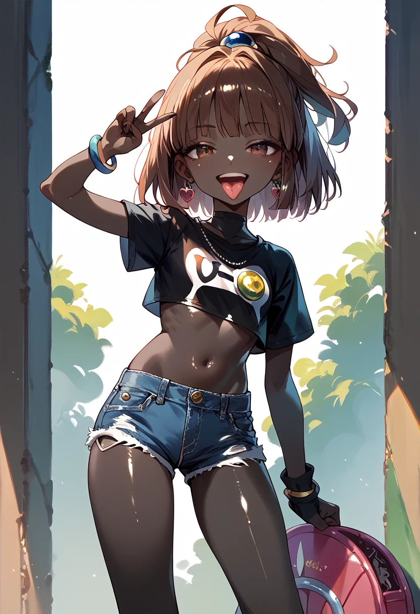 masterpiece, Hi-Res, best quality,8k
(arle nadja,Petite,Small breasts)(((pitch black skin,Shiny skin )))smile, opening your mouth and sticking out your tongue , peace sign,Narrowed eyes,( black crop top , denim shorts,Belly button)