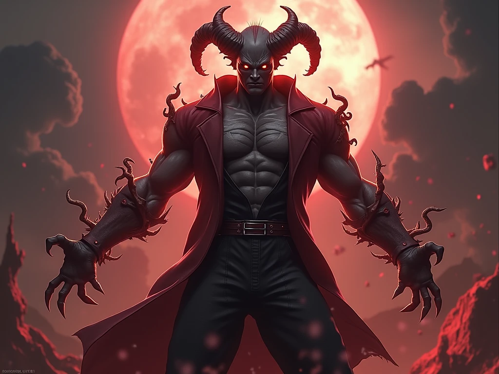 (best quality,realistic:1.37), detailed abs with horns, intense red eyes, sharp teeth, wearing tight black leather pants and a large shallow black leather cloak