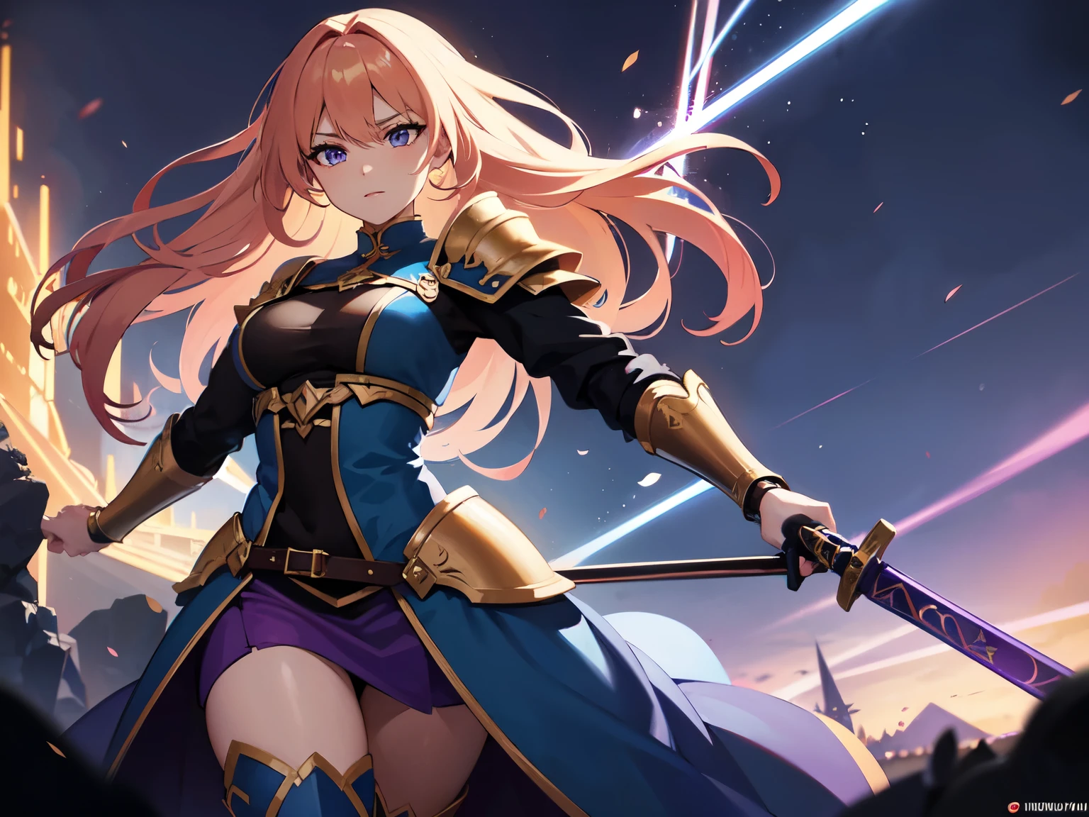 Monika as a boy magic swordsman wielding a longsword glimmering sideral blue soul sword boy clothes monika, determined eyes guard position, closed blue gambeson coat, black bottoms, long boots, metallic artoria pendragon armor parts chest plate pauldrons belt gauntlets greaves, black wellington glasses red eyes, forehead showing hair style like takagi-san reddish dark brown hair ponytail white ribbon lace on ponytail hair, surrounded by lightning arcs electricity, background is night becoming morning