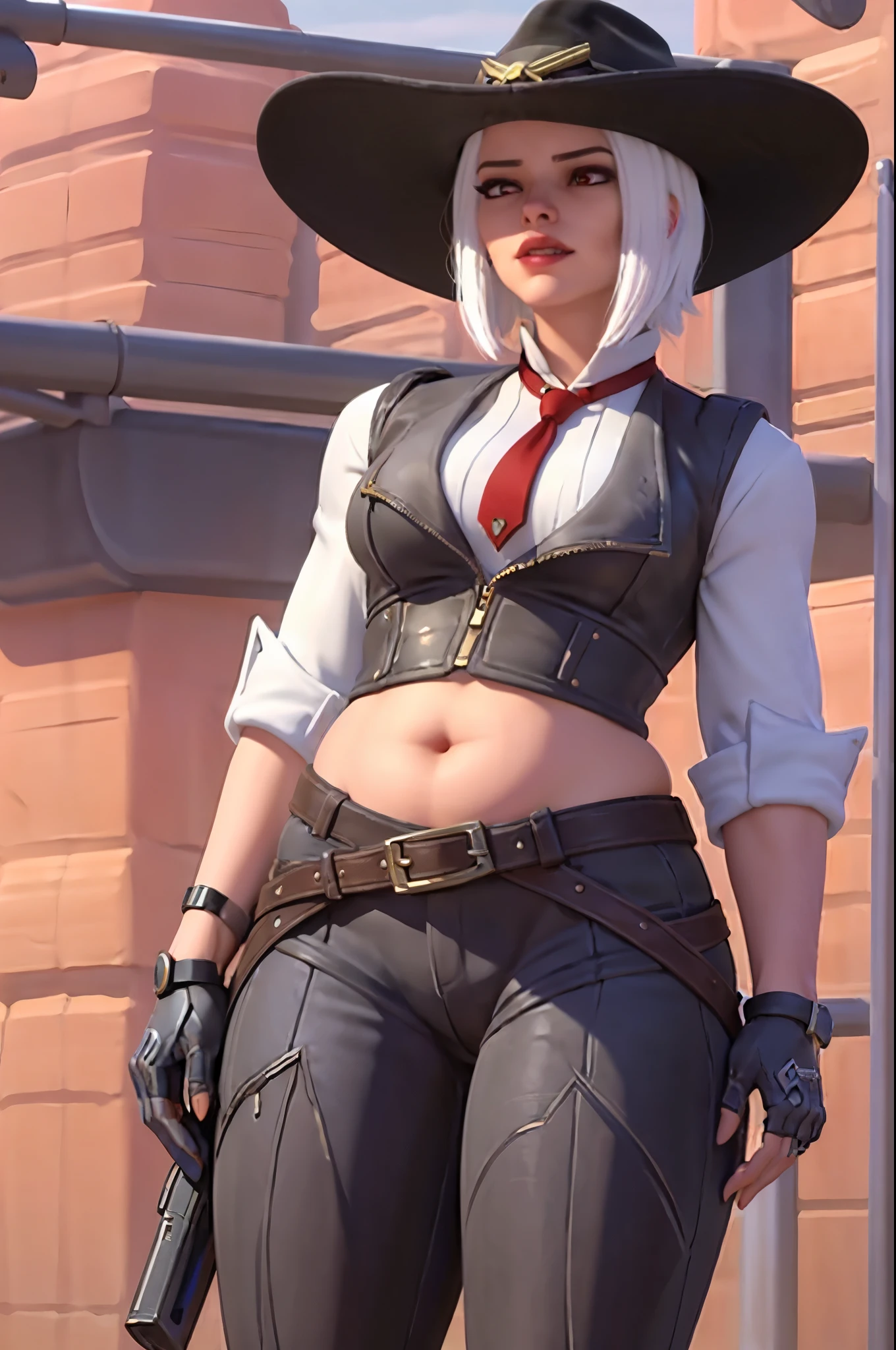 There is a woman in a hat and leather outfit holding a gun - SeaArt AI