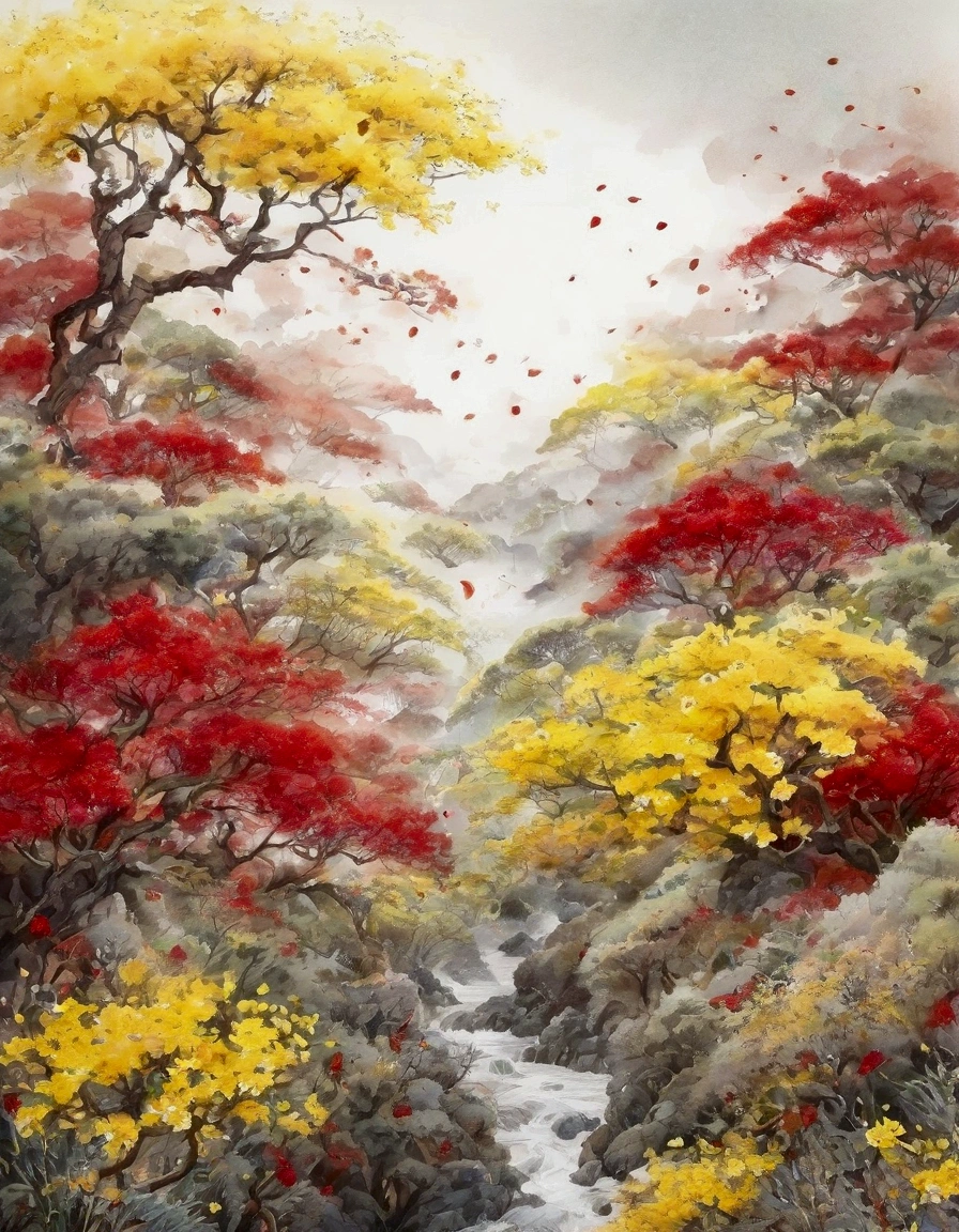  Branches with lots of red grains and lots of yellow flowers blooming around、(Watercolor:1.2)、(White and yellow flowers )