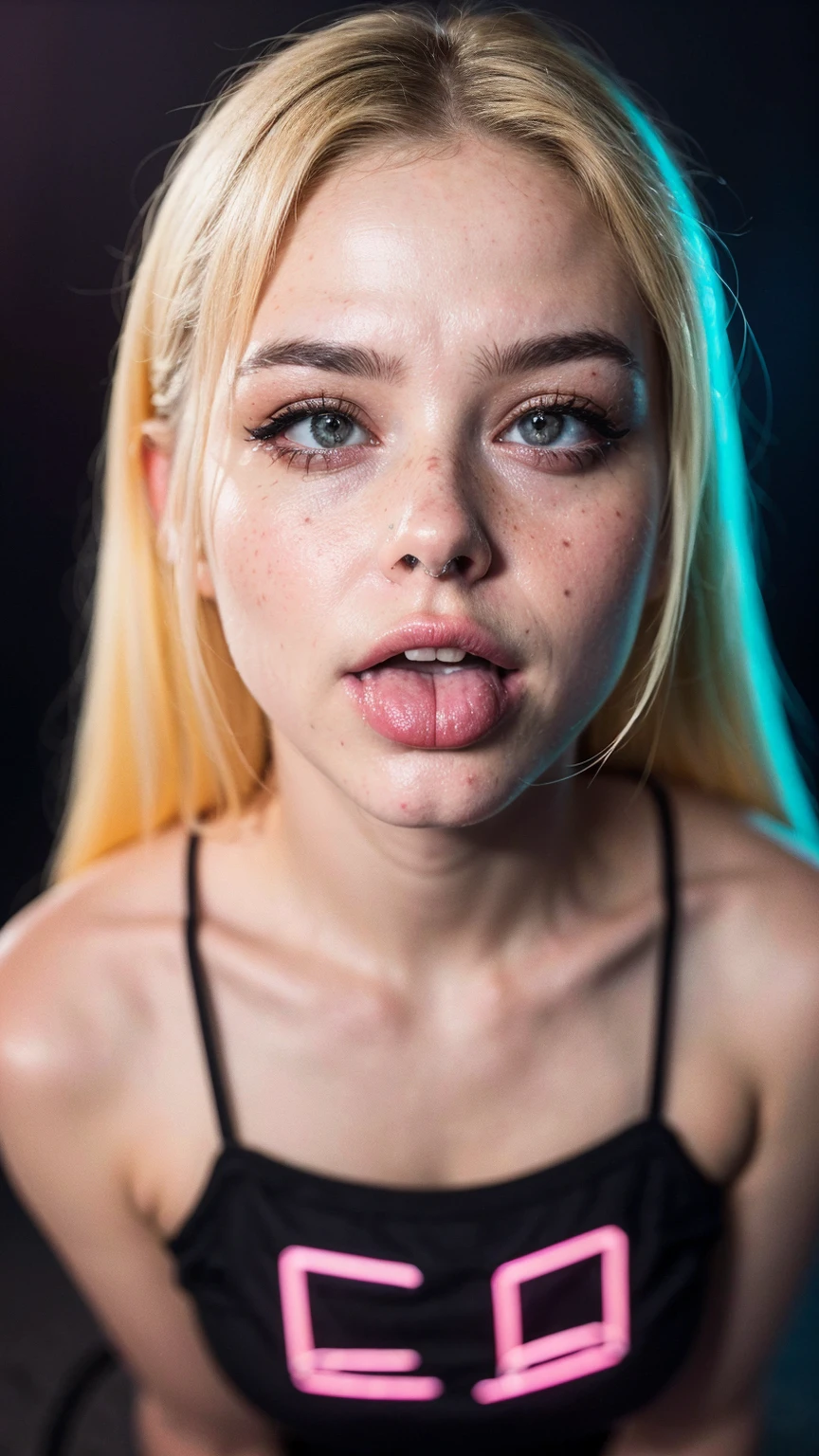 (ultra realistic),Photo, high quality, аналоговая Photoграфия Ahegao , (low lighting), (neon atmosphere) light background ,portrait of a girl, Ahegao, blonde,chölka, view from above, detailed eyes,