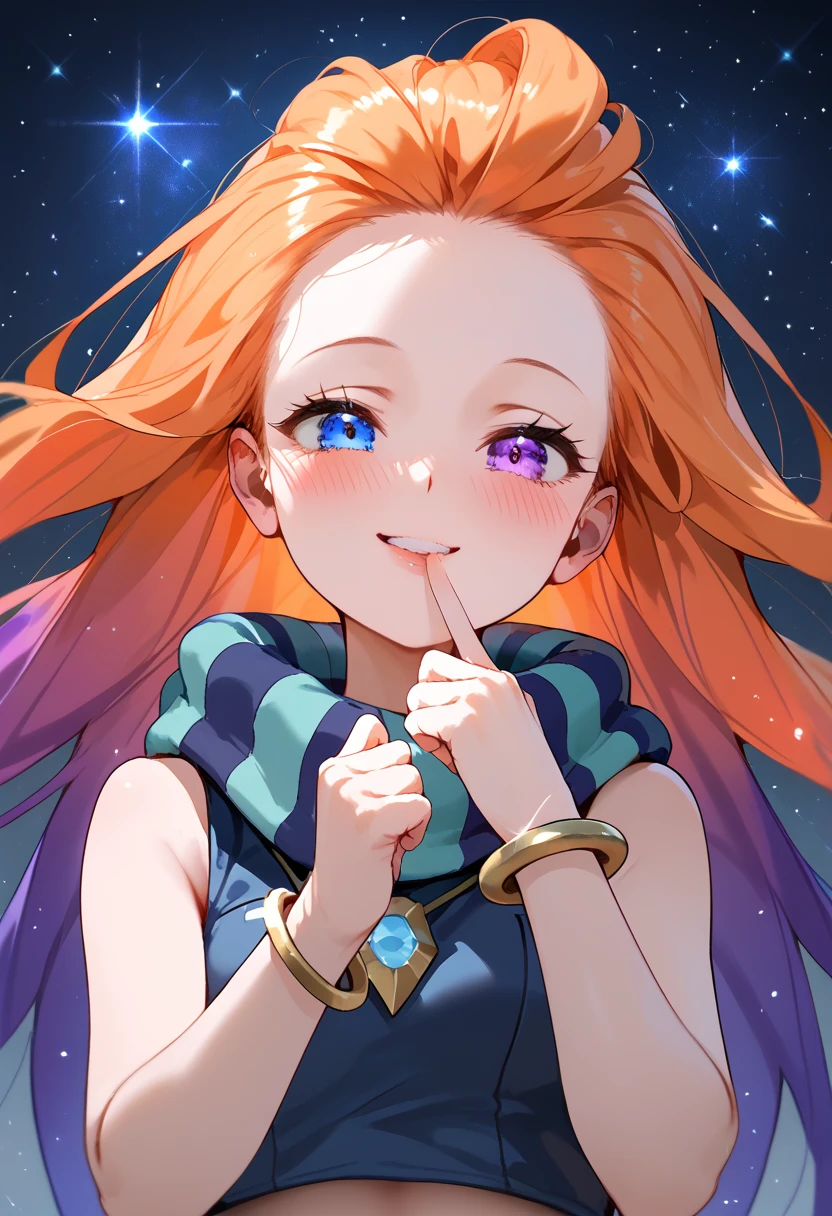 Masterpiece, best quality, Anime, 1girl, ZoeLoLXL, mature, purple eyes, (blue eye), heterochromia, orange hair, multicolored hair, gradient hair, purple hair, very long hair, forehead, small breasts, green scarf, striped scarf, bare shoulders, blue midriff, necklace, bracelet, smile, blush, cute, puckered lips, finger on mouth, portrait, close-up, looking at viewer, from below, starry background, simple background, score_9, score_8_up, score_7_up, unaestheticXL_bp5